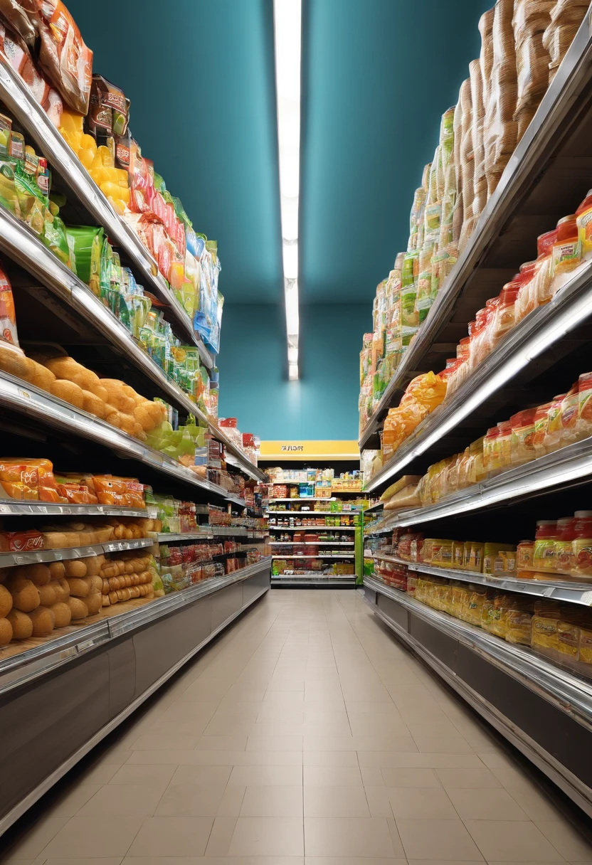 Crie um corredor de supermercado, prateleiras brancas repletas de produtos de beleza. The broker is infinite, The ceiling is open and has a blue, cloudless sky.  Hiper fotorrealismo, 8k, ultra hd, dynamic  lighting, unreal 5.