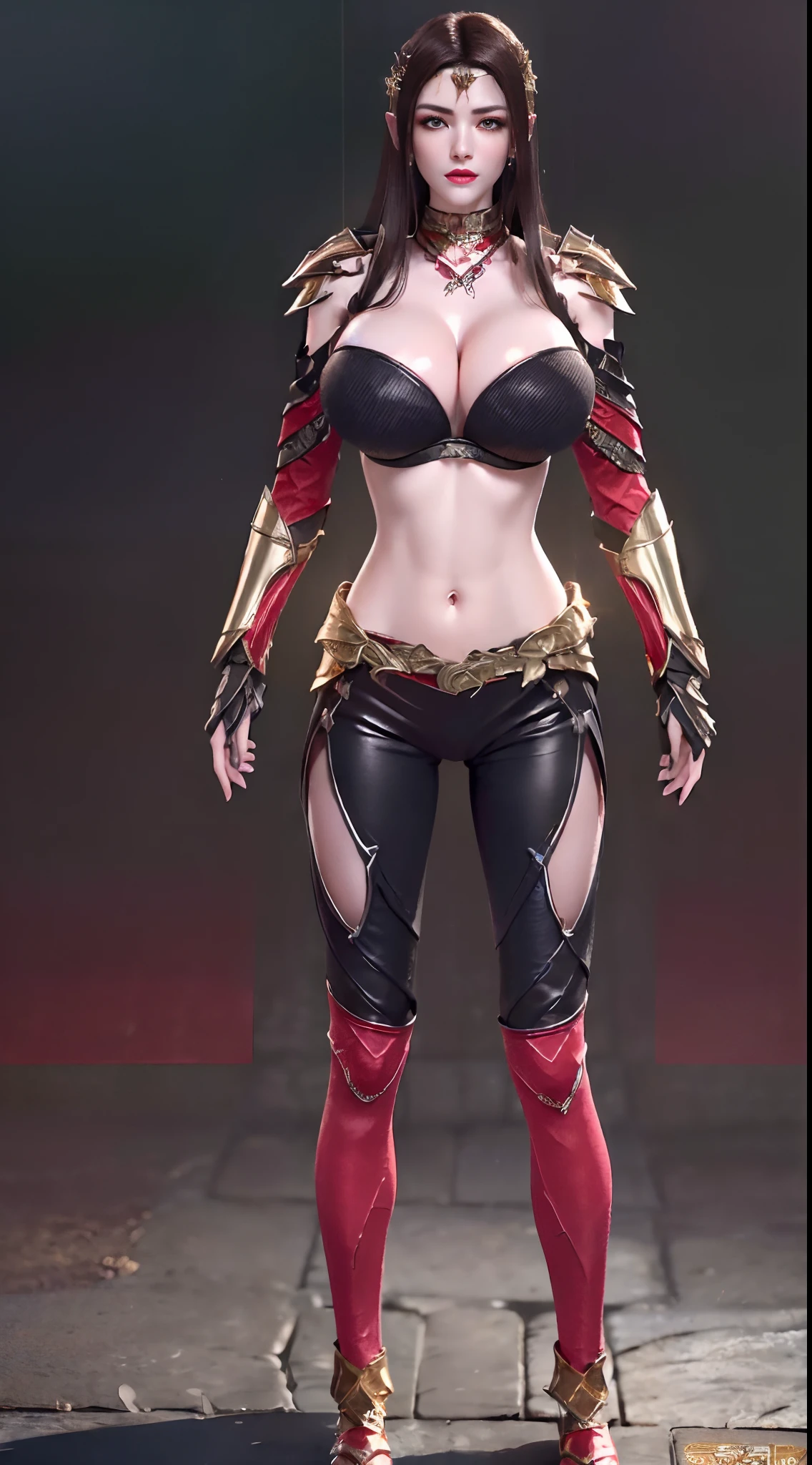 Solo, 1 Beauty, Wuxia World, headwear, (1 Girl), (:1.5), (Full red gold armor:1.5), (tight leggings:1.3), (standing:1.8), (huge fake breasts:1.5), (abdominal muscles:1.2), (dark hair:1.5), (big butt:1.3), (gloss skin:1.3), Chinese Immortal Wuxia, Lips, (battlefield background:1.2), ( jealous), Intellectual, Smooth Face, Masterpiece, Best Quality, High Quality, High Definition, High Quality Texture, High Quality Shadows, High Detail, Cinematic Light, Side Lighting, Ray Tracing, Sharp Focus, Realistic, Edge Light, (Skin Details Detailed:1.2), 8k uhd, SLR, (soft light, high quality, high resolution:1.7), (highly detailed CG unity 8k wallpaper).