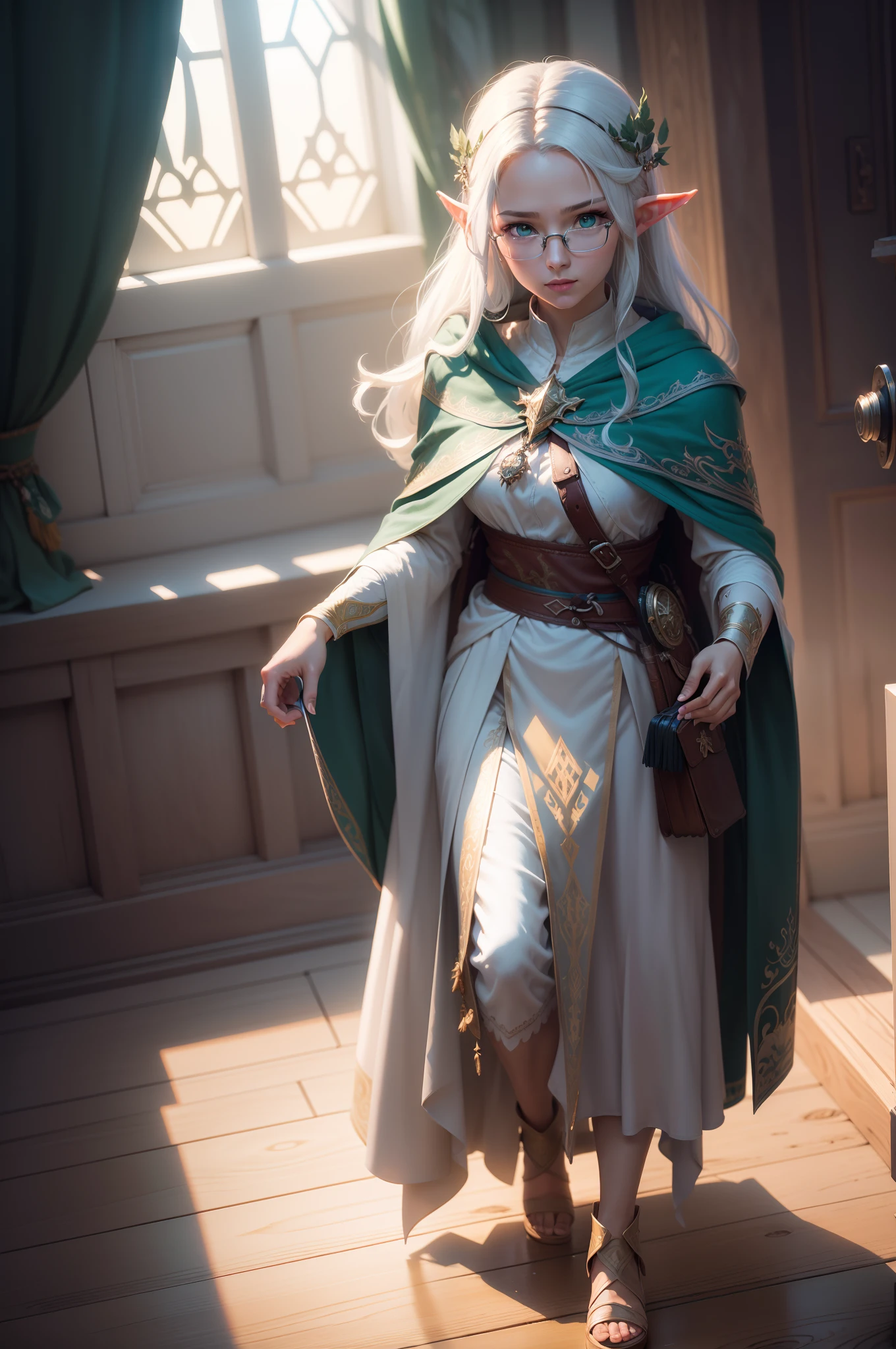 High elf wizard, mathematician, wears glasses, tall, white robe with blue and green edging, geometric patterns on robe, beautiful, pristine, rpg, hi res, 4k, 8k, 16k, ultrahd, realisitic, photon mapping, radiosity, cinematic lighting, sharp focus, best quality, volumetric lighting, volumetric light, concept art, path tracing. warm colors, (RAW photo., best quality), (realistic, Realistic: 1.3), NVIDIA RTX Ray Tracing, octan render, high-resolution, beautiful, Awesome, finely and highly detailed, masterpiece, ultra-detailed, High, (best illustration), (best shadow), intricate, sharp focus, perfect composition, fantasy, intricate, elegant, volumetric mist, 8k UHD, DSLR, high quality, (grain of film: 1.4), Fujifilm XT3, art-station, smooth and sharp focus, detailed