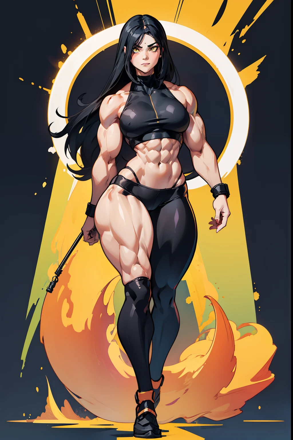 (((((1 girl))))), black hair, yellow eyes, very long hair, ((((((muscular)))))), tall, pale skin, bodysuit, ((full body)), (solo), (curvy), (thick thighs), (wide hips), thin waist