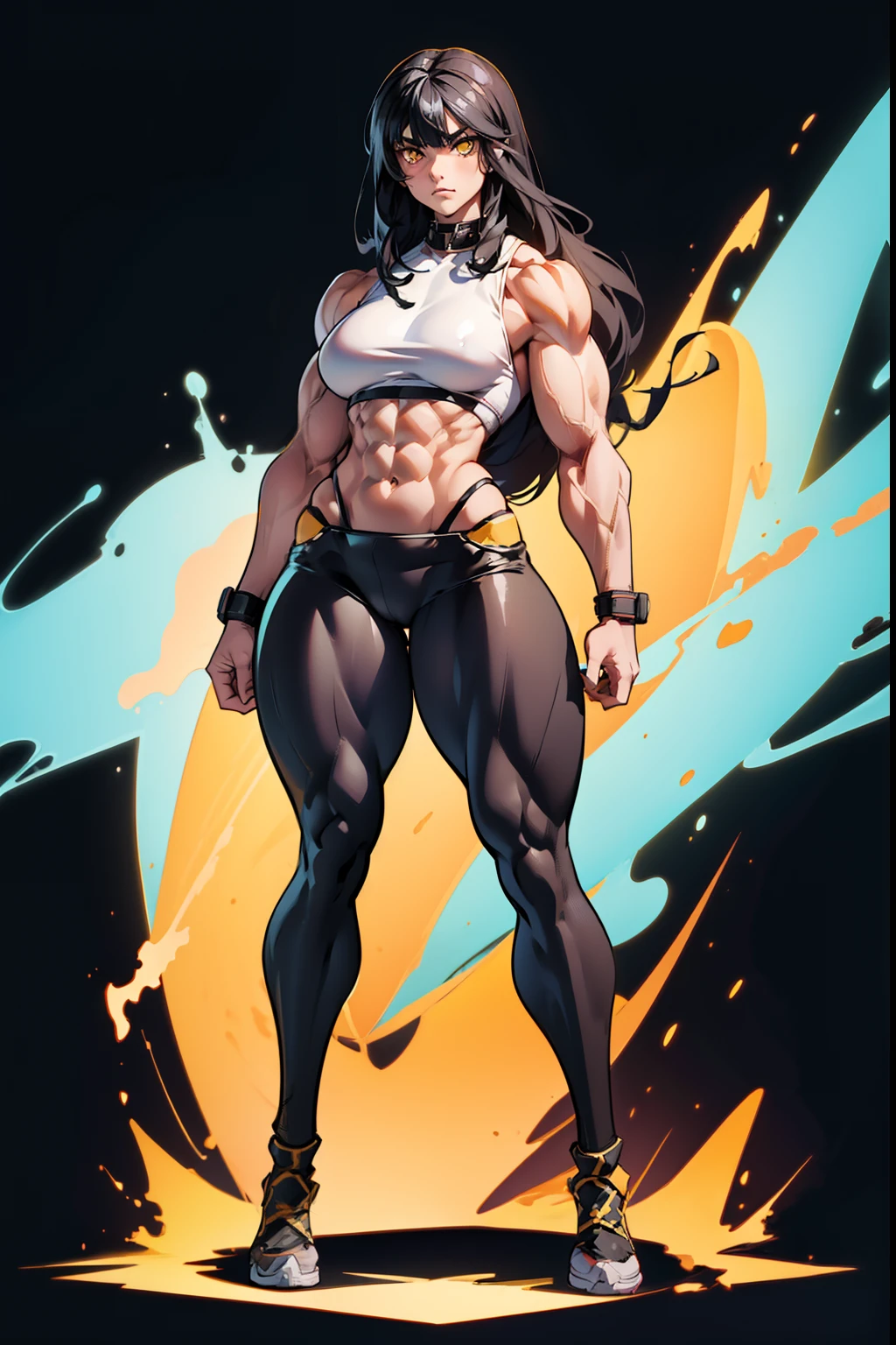 (((((1 girl))))), black hair, yellow eyes, very long hair, ((((((muscular)))))), tall, pale skin, bodysuit, ((full body)), (solo), (curvy), (thick thighs), (wide hips), thin waist