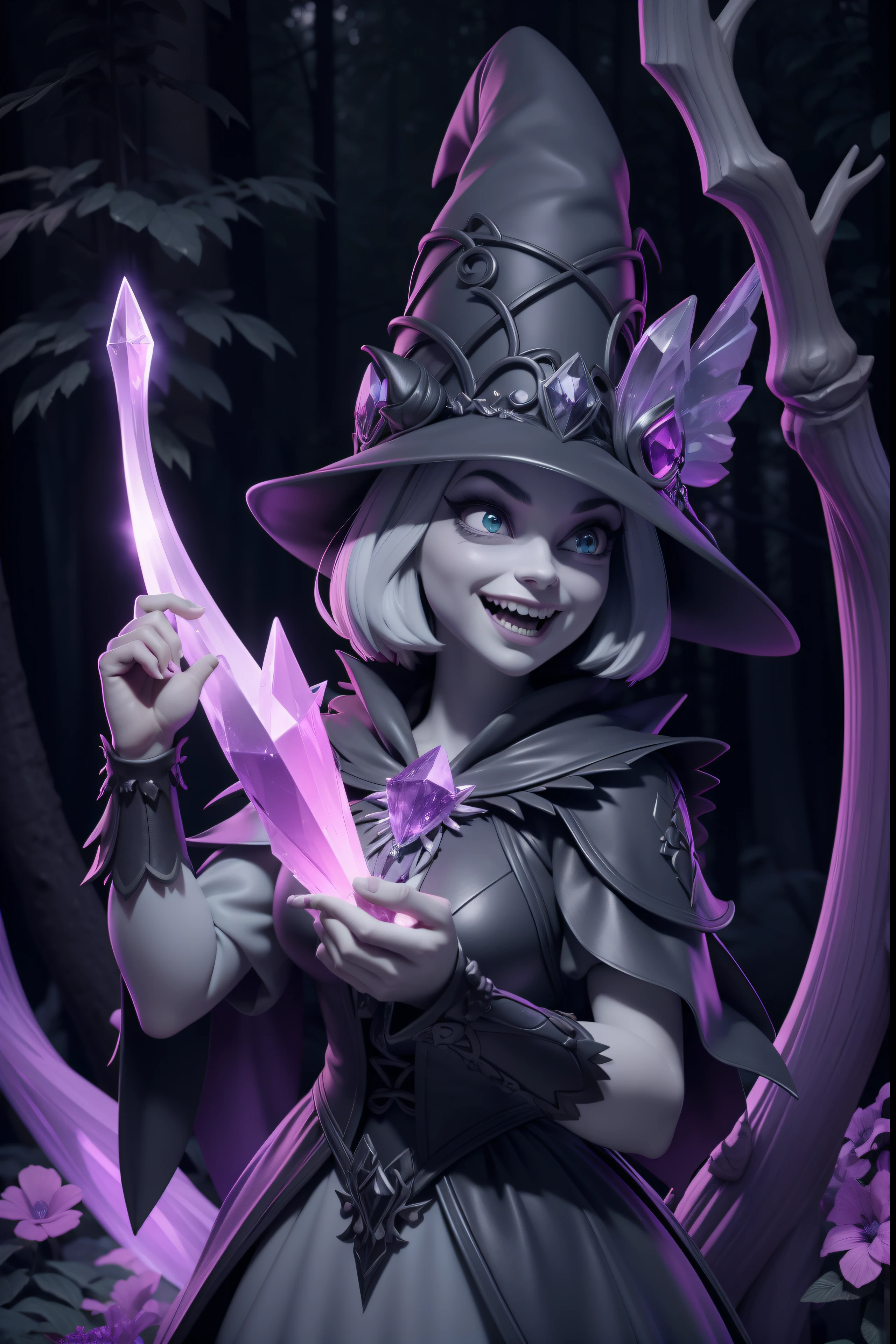 a witch with an evil laugh holding a rainbow coloured crystal staff in a magical dreamy forest in grayscale color , pixar 3d animated, high details, high resolution