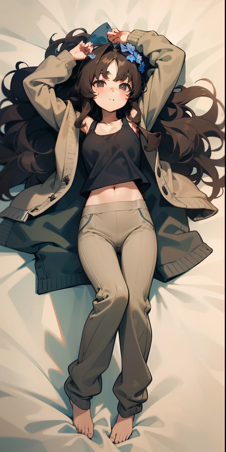 a woman, brown bangs of long wavy hair, light gray eyes, Black tank top, khaki green long-sleeved cardigan, blue flowers on the head, fleece beige pants, lying on bed, arms up, (from above view), full body