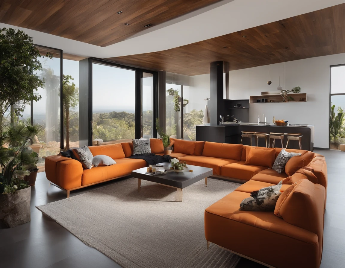 Huge comfortable living room and view of the kitchen with island, (((best quality))), (((ultra detalhado))), (((master part))), grandes janelas de madeira com luz natural, Orange sofa, mesa de vidro, plantas de vaso, design minimalista moderno, Ultra foto realsisim, master part, altamente detalhado, pintura digital, best quality, A high resolution, Trabalho detalhado, Post-processing, Creative Studio, Promotional architectural photos