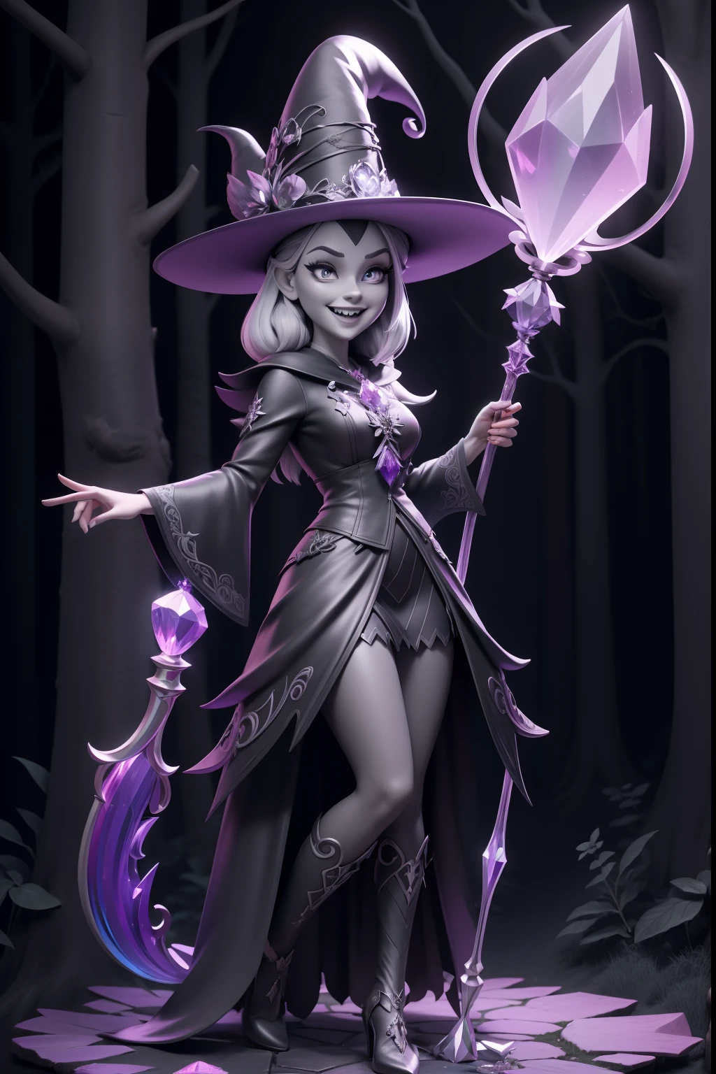 a witch with an evil laugh holding a rainbow coloured crystal staff in a magical dreamy forest in grayscale color , pixar 3d animated, high details, high resolution