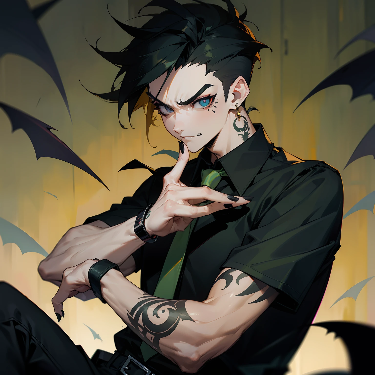 Man in shirt and tie, Male Focus, a belt, Black shirt, The tattoo, Short sleeves , Short hair, Black Short Sleeve Polo Shirt, Green tie, Black pants, punk, Raised eyebrows, Floppy bangs, Spiky back hair, a little golden color on the bangs,,,,,, Undercut , Simple black earrings, devil, Bat, Angry face, Black nails, arm tattoos, big eye, Black Eye Makeup, Wearing hair on the ears, Forehead, ssmile, wrist watch, Black Bangle, Square Thailand
