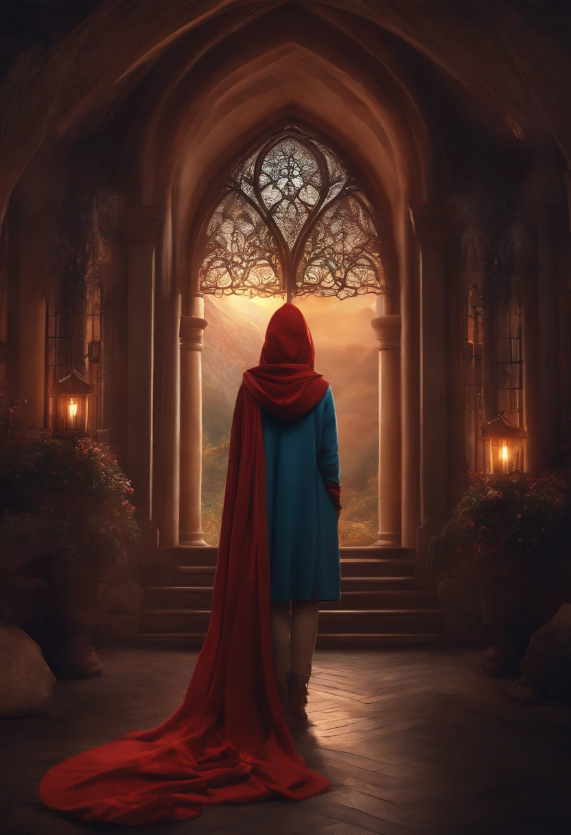 Fantasy scenario with a person in long clothes and hoodies holding a storybook