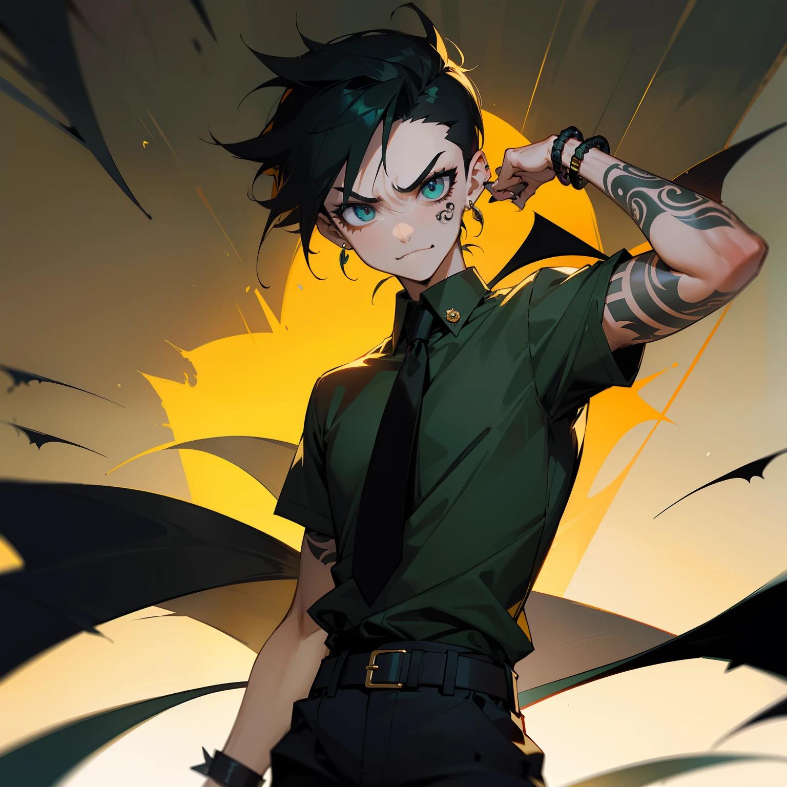 Man in shirt and tie, Male Focus, a belt, Black shirt, The tattoo, Short sleeves , Short hair, Black Short Sleeve Polo Shirt, Green tie, Black pants, punk, Raised eyebrows, Floppy bangs, Spiky back hair, a little golden color on the bangs,,,,,, Undercut , Simple black earrings, devil, Bat, Angry face, Black nails, arm tattoos, big eye, Black Eye Makeup, Wearing hair on the ears, Forehead, ssmile, wrist watch, Black Bangle, Square Thailand