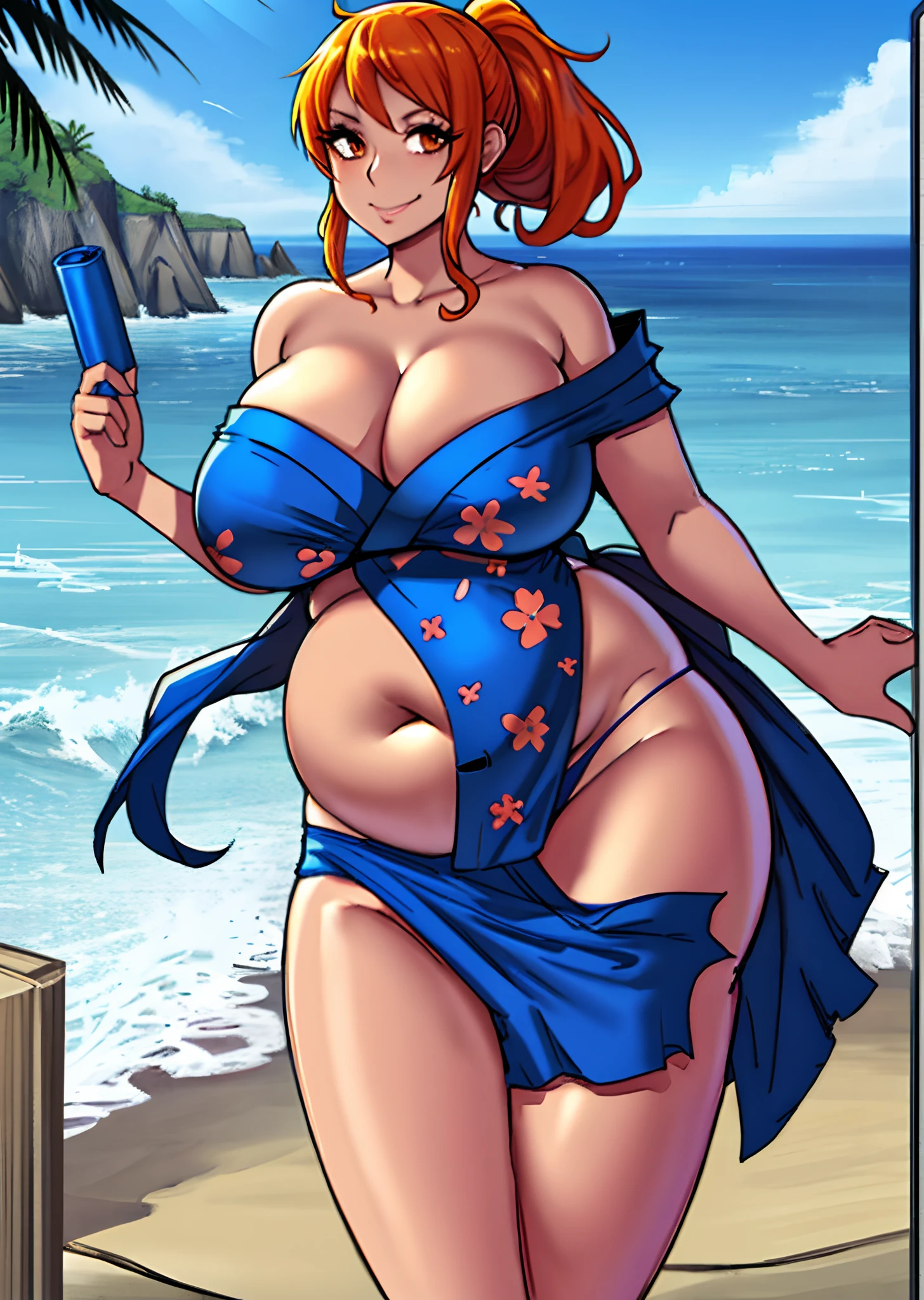 art by kipteitei, 1girl, nami_\(one_piece\), 1girl, solo, standing, (huge massive breasts), shiny_skin, blue_kimono, off_shoulder, cleavage, groin, highleg, short kimono, bare_legs, no_panties,
embarrassed, smile, brown_eyes, orange_hair, ponytail,
cowboy_shot, beach, ocean, massive breasts, massive belly, massive thighs, chubby (best quality, masterpiece)
