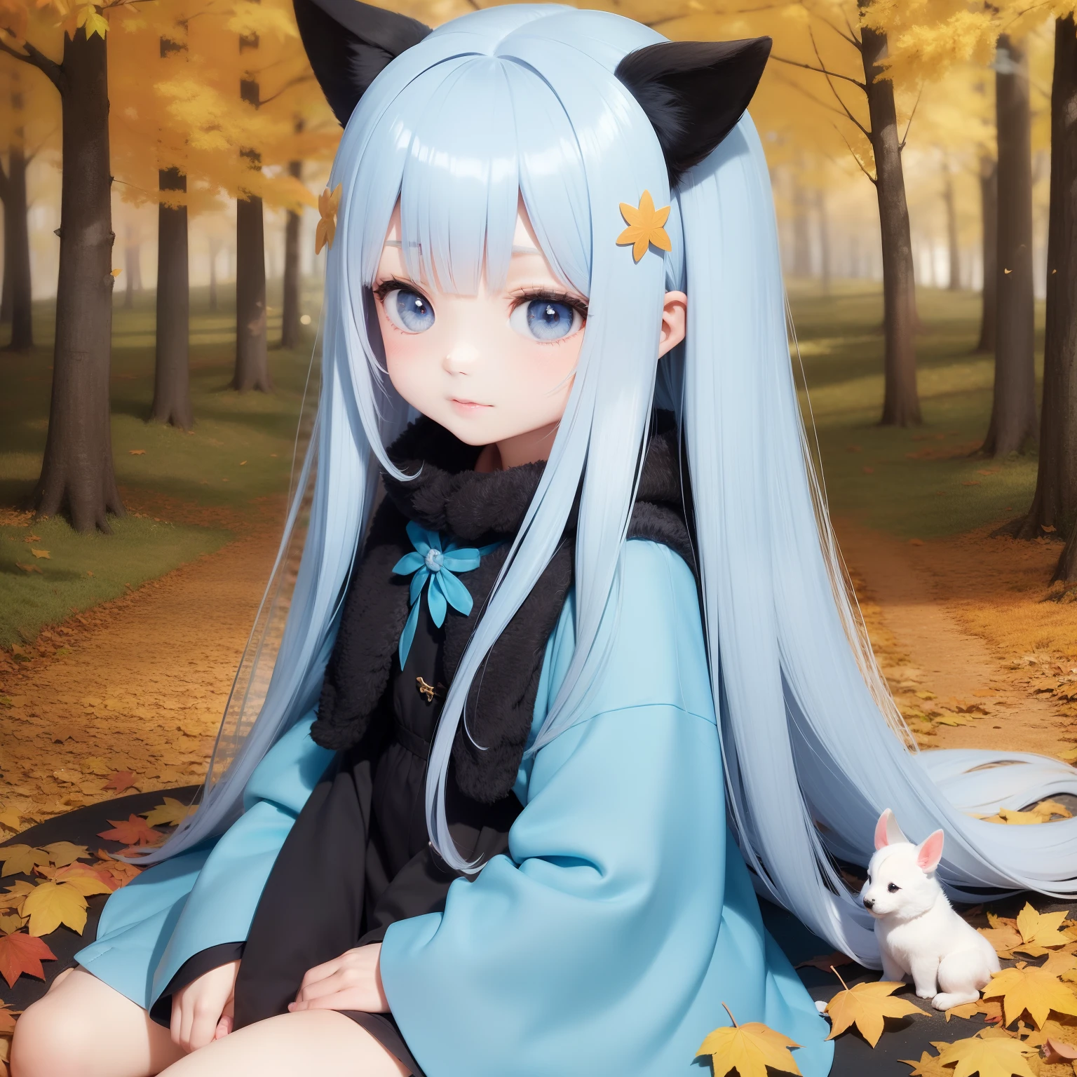 Cute little girl and puppy Light blue long hair、Black eyes、Large in the center Stroll through the forest of autumn leaves Fairy tale background Fantasia