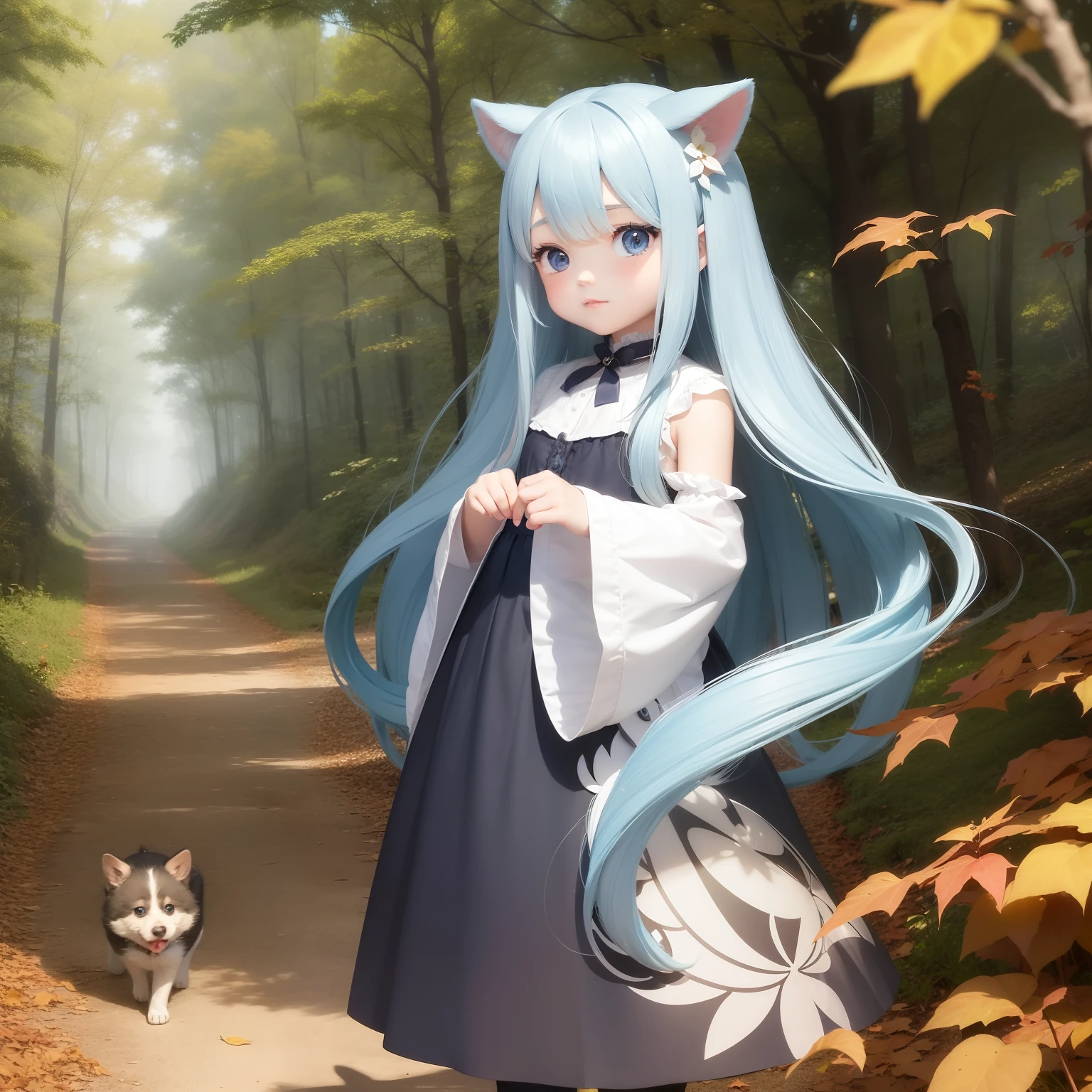 Cute little girl and puppy Light blue long hair、Black eyes、Large in the center Stroll through the forest of autumn leaves Fairy tale background Fantasia