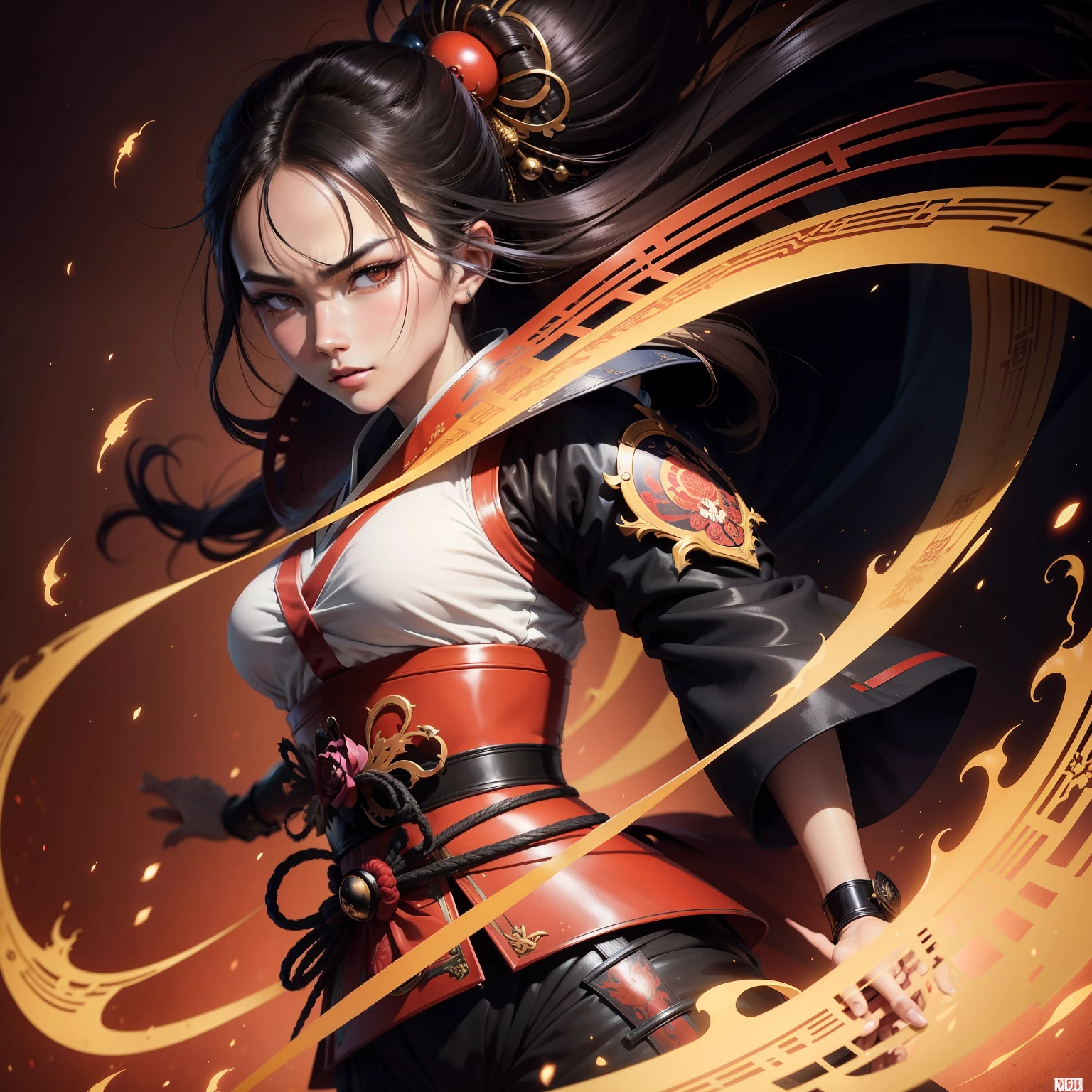 (RAW photo, best quality),(realistic, photorealistic: 1.3),extremely delicate and beautiful,Amazing,small detail,masterpiece,ultradetailed,high resolution,(best illustration),(best shadow),intricate, (male: 1.4),armor,sword,long hair,black hair,holding weapon,blood,sword. (dynamic pose), holding, arm guards, blood on gun, tabi, floating hair, full body, costume, brushstrokes, explosions, overexposure, ((watercolor painting by John Berkey and Jeremy Mann)) brushstrokes, negative space, red paint splatter, in the style of gritty urban realism, violent and wild artwork with a satirical edge, intense energy (fog: 1.4), sharp focus, volumetric fog, 8k UHD, DSLR, high quality (film grain:: 1 ,4), Fujifilm XT3, background black and red tone printing, motion blur,