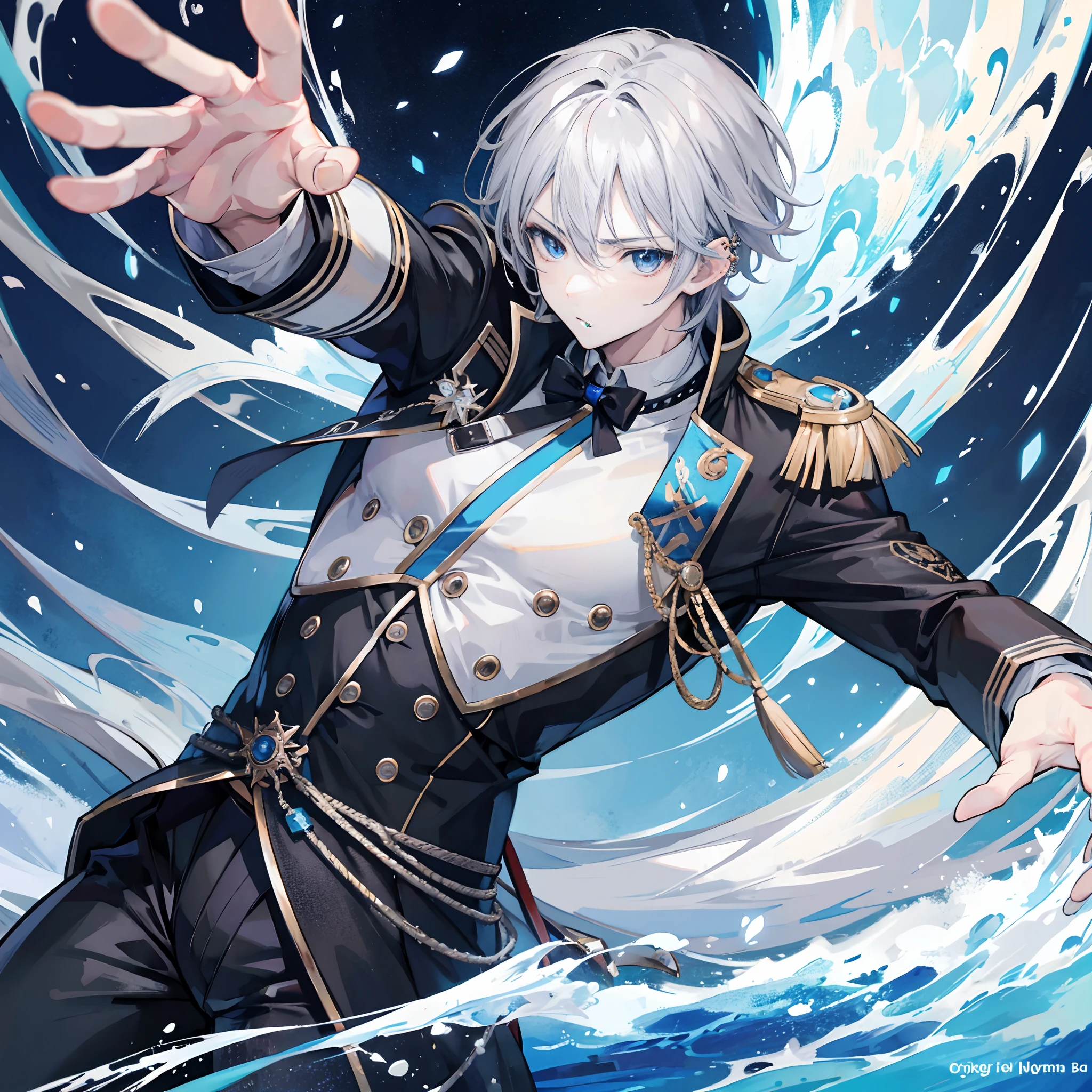 anime boy,grey hair,blue eyes,lean,muscula,black royal uniform,handsome,piercing