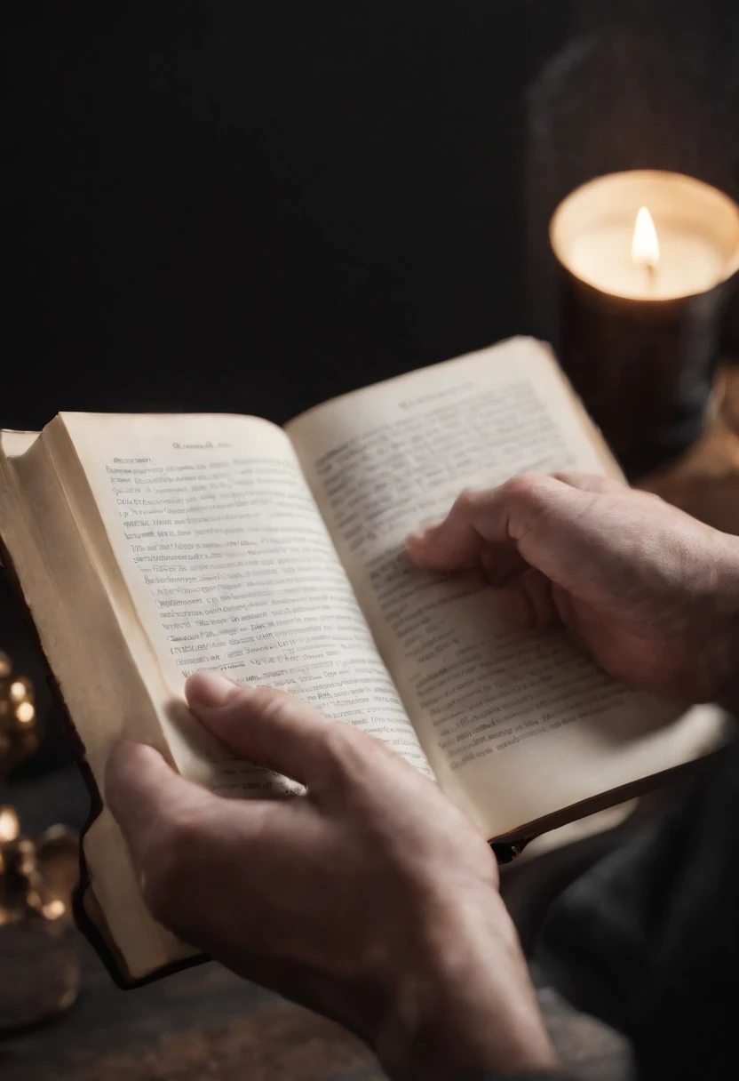 Black background with hands holding a book