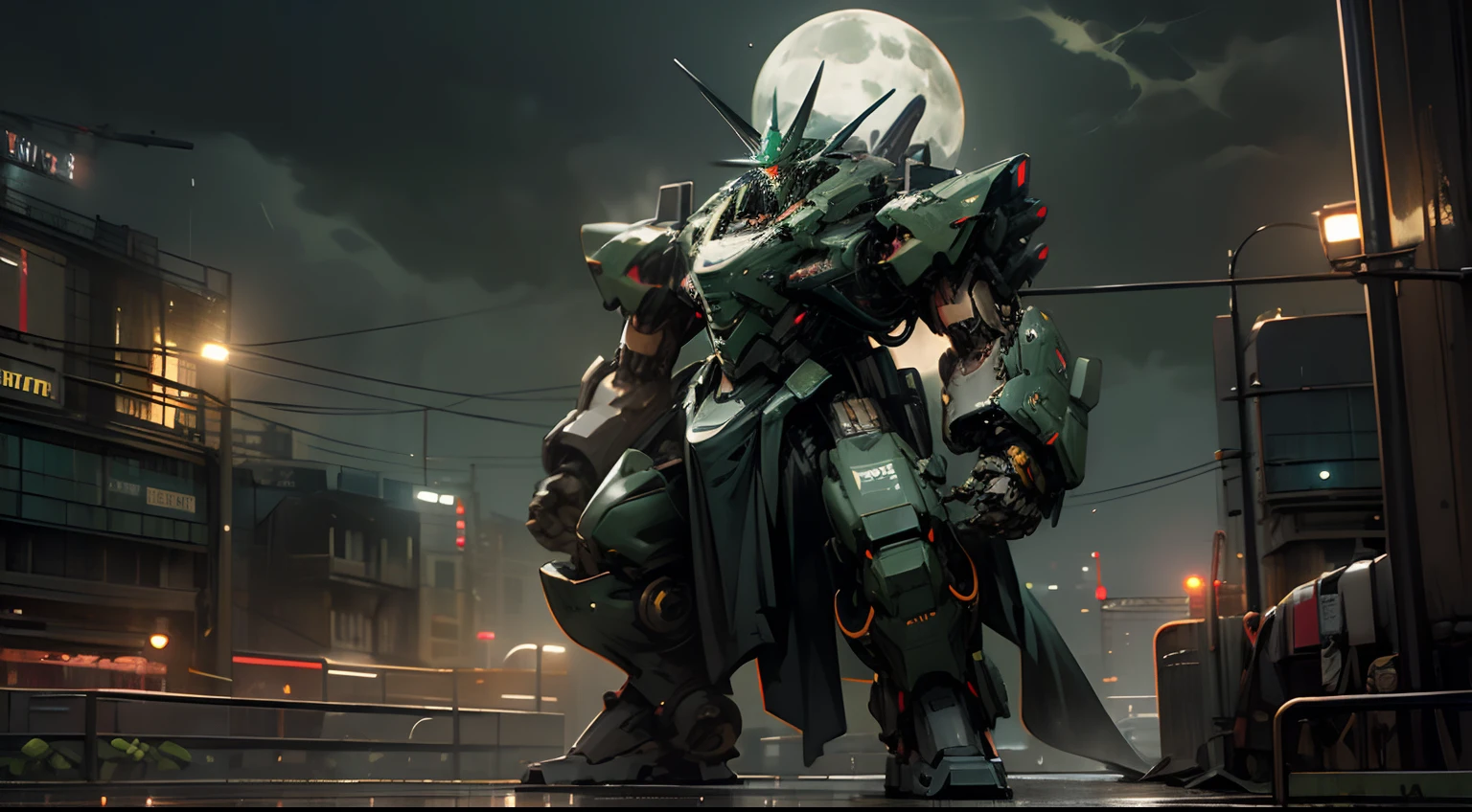 a big darkgreen mecha stays in the city, cyberpunk, steampunk, rain, night, moon. perfect lightning, photorealistic