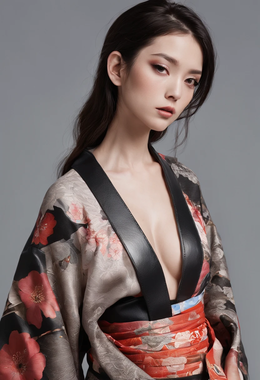 Kimono made of leather、detailed tits、A detailed face、