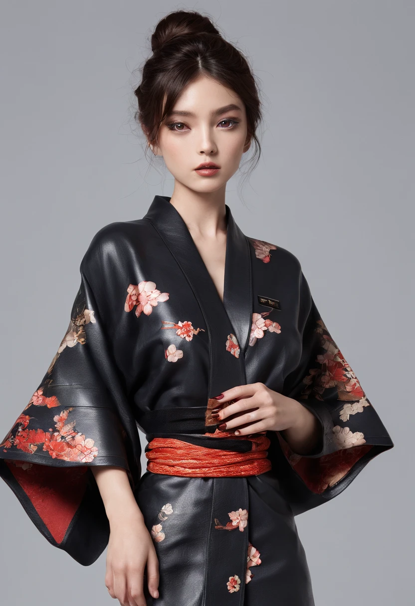 Kimono made of leather、detailed tits、A detailed face、