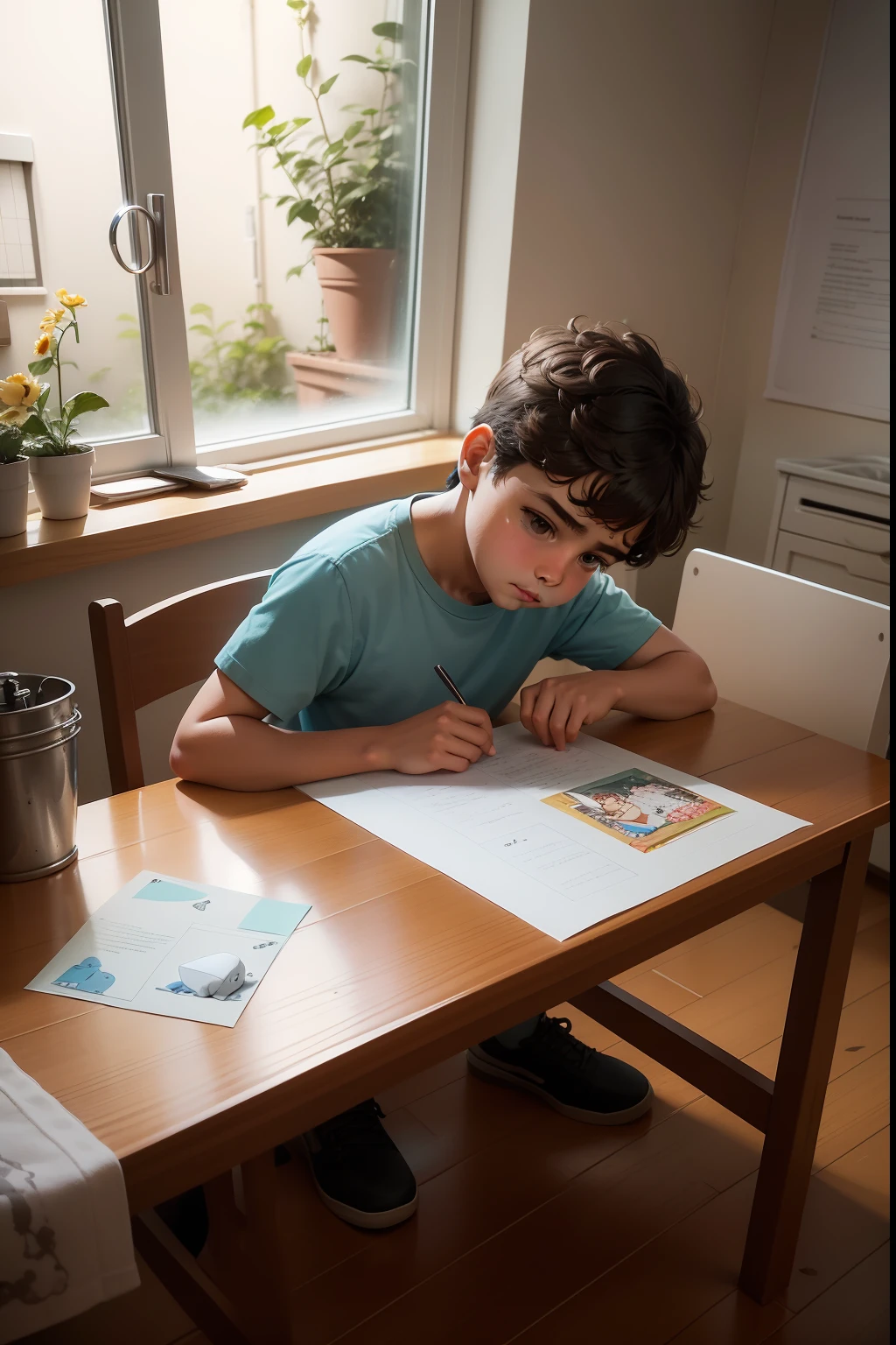 em cartoon inspirado em desenho animado moreno com aparencia de ter 6 anos lendo uma carta em um fundo de uma cozinha perto de uma mesa feita de madeira ,Looking directly at the letter standing up just leaning against his kitchen table