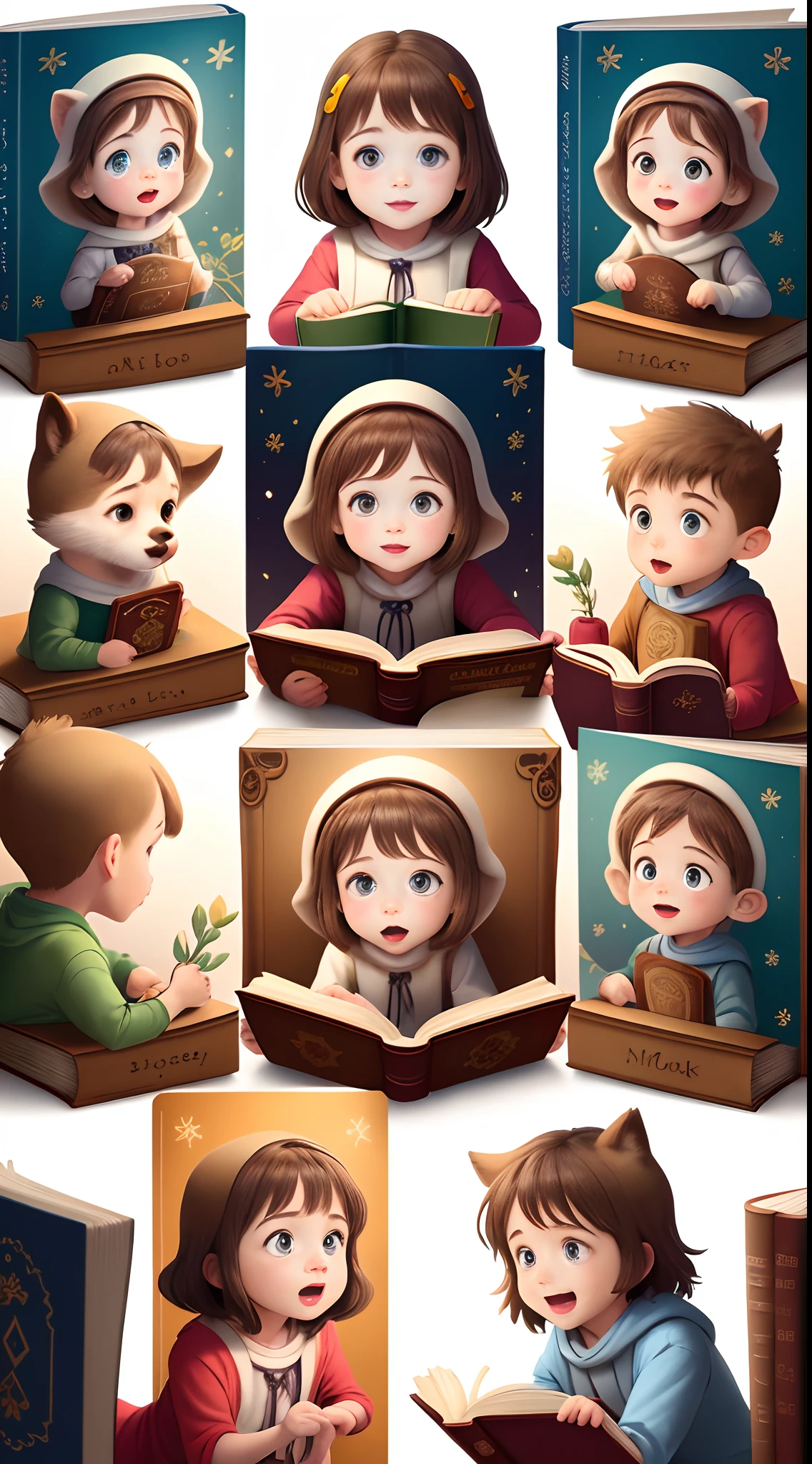 The Secret of the Magic Book, various poses and expressions on white background, Children's book illustration style, simples, foto, 6 anos, Laura e Pedro, An adventure where children enter a magical book and live the stories.