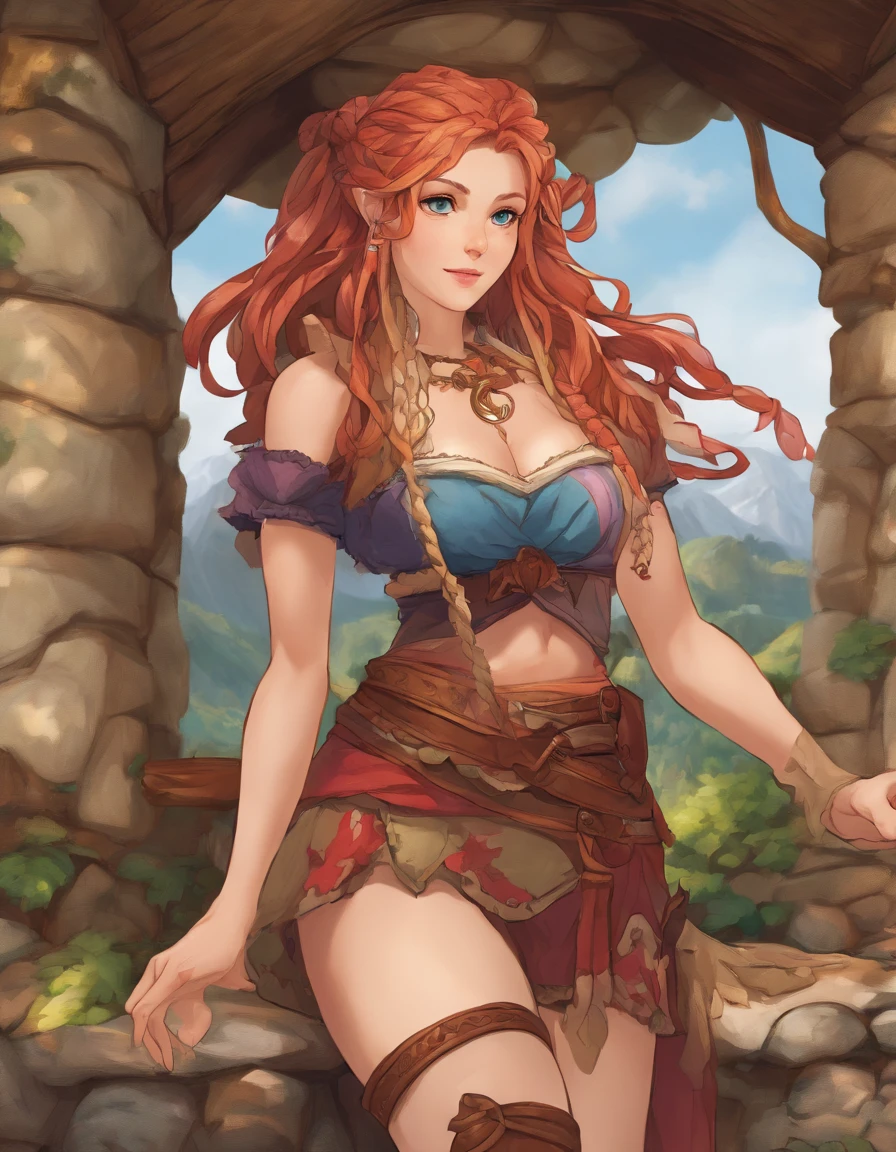 ultra detail, high resolution, ultra detailed, best quality, amazing, top quality, 1woman, pose, dwarf, female dwarf, fantasy, braids, stout, wide body type, large breasts, huge breasts, breasts larger than head, wide hips, short, shortstack, mountain dwarf, pants, boob window, long red hair, braided hair, 5 feet tall, short height, sexy