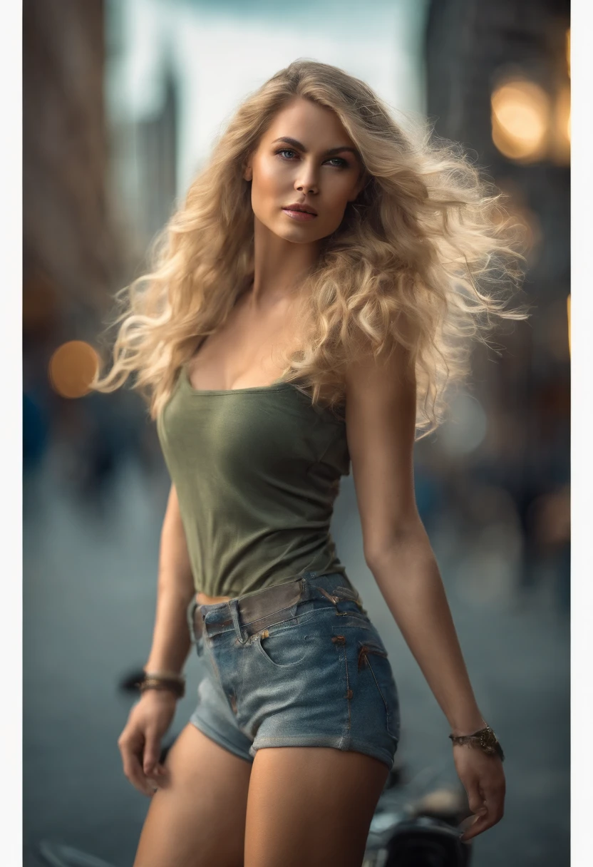 gorgeous woman with extra long wavy blonde hair, detailed alluring eyes, long sexy legs, wearing tiny shorts, t-shirt, ((detailed facial features)), (finely detailed skin), pale skin, realistic skin texture, extreme skin details, (pores:0.1), in the background beautiful futuristic cyberpunk city, best quality masterpiece, photorealistic, hyperrealistic, detailed, 8k, HDR, (Soft color: 1.2), shallow depth of field, broad light, high contrast, backlighting, bloom, light sparkles, chromatic aberration, sharp focus, RAW color photo