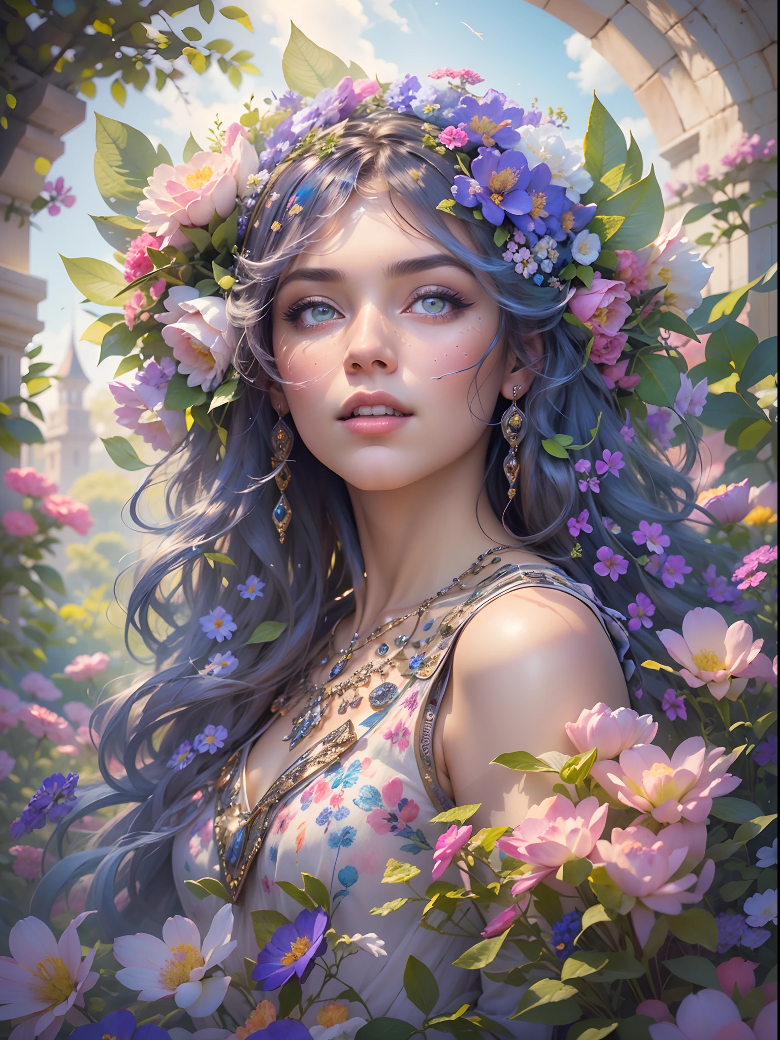 This artwork is dreamy and in the style of mythic fantasy, with soft watercolor hues in varying shades of pink, blue, and purple. Generate an ornate figure from Greek mythology and realistic skin and hair texture. Her strong, proud face has realistically shaded eyes and puffy lips, and a big mouth. Her soft, realistic hair is dancing in the breeze along with the flowers and detailed butterflies that surround her. Include highly detailed fantasy touches including a beautiful watercolor sky. Include 8k eyes, hires eyes, beautiful detail eyes, beautiful detailed eyes, and realistic eyes. Include fantasy details, enhanced details, iridescence, and colorful glitter. Pay special attention to her face and make sure it is beautifully and realistically detailed. 8k, intricate, elegant, highly detailed, majestic, digital photography, art by artgerm and ruan jia and greg rutkowski, (((masterpiece, finely detailed beautiful eyes: 1.2))), hdr, ((realistic skin texture)), rays of light, ornate flowers, dew drops, sunlight, hazy rays of sun, flowergateway style, castle, palace, archway, flowers, growing