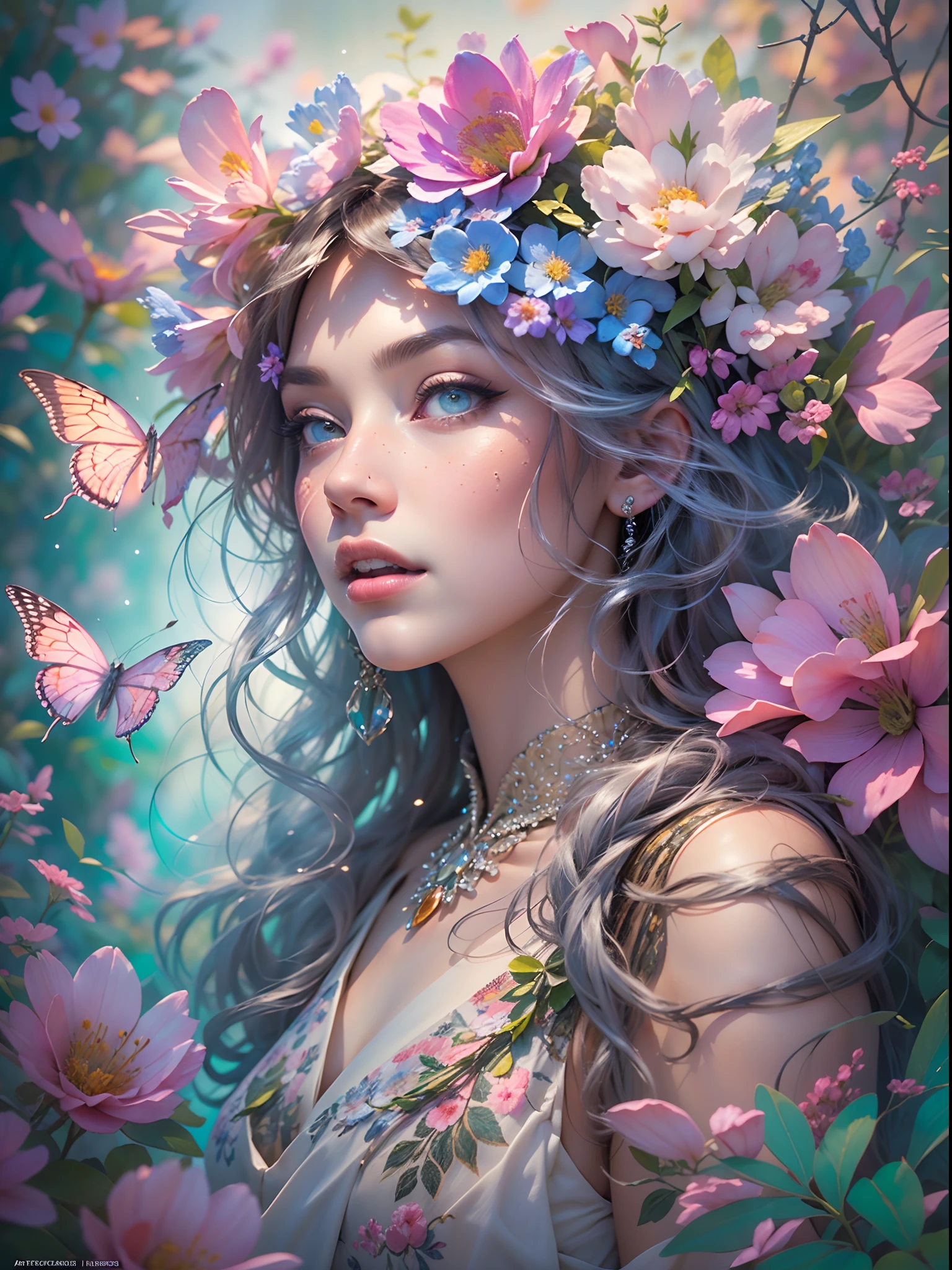 This artwork is dreamy and in the style of mythic fantasy, with soft watercolor hues in varying shades of pink, blue, and purple. Generate an ornate figure from Greek mythology and realistic skin and hair texture. Her strong, proud face has realistically shaded eyes and puffy lips, and a big mouth. Her soft, realistic hair is dancing in the breeze along with the flowers and detailed butterflies that surround her. Include highly detailed fantasy touches including a beautiful watercolor sky. Include 8k eyes, hires eyes, beautiful detail eyes, beautiful detailed eyes, and realistic eyes. Include fantasy details, enhanced details, iridescence, and colorful glitter. Pay special attention to her face and make sure it is beautifully and realistically detailed. 8k, intricate, elegant, highly detailed, majestic, digital photography, art by artgerm and ruan jia and greg rutkowski, (((masterpiece, finely detailed beautiful eyes: 1.2))), hdr, ((realistic skin texture)), rays of light, ornate flowers, dew drops, sunlight, hazy rays of sun, flowergateway style, castle, palace, archway, flowers, growing