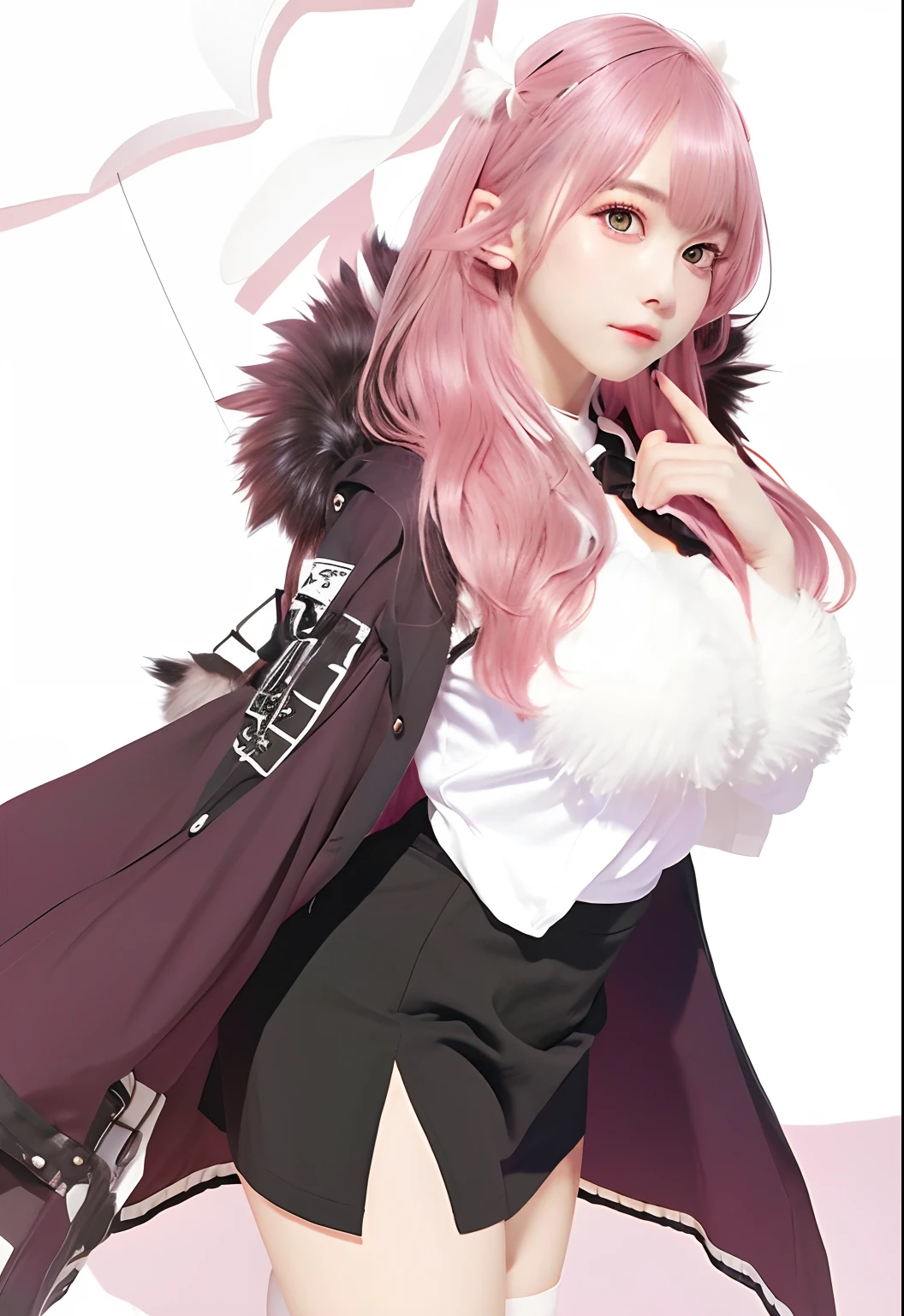 Realistic, a girl with pink hair and a white shirt , black short skirt, fluffy chest, holo is a wolf girl, , cushart krenz key art feminine, fine details.