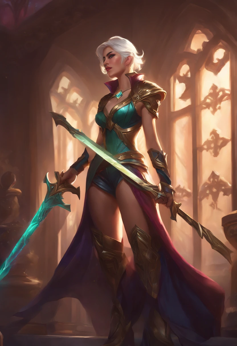 a close up of a person holding a sword in a room, riven, riot games concept art, arcane jinx, riven from league of legends, painted in the style arcane, kda, ashe, league of legends concept art, league of legends style art, irelia, a blonde emerald warrior, league of legends character art, league of legends character