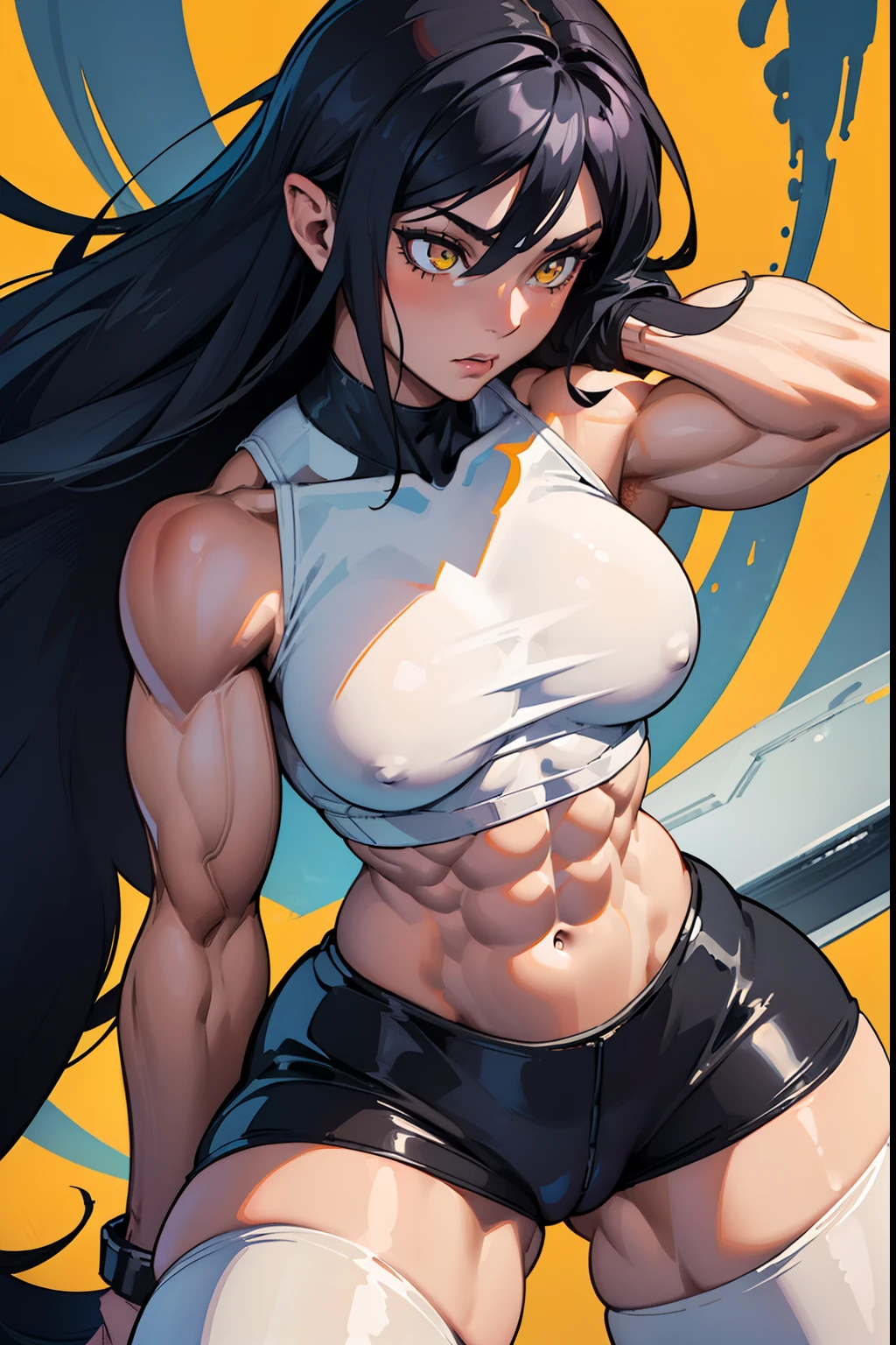 (((((1 girl))))), black hair, yellow eyes, very long hair, ((((((muscular)))))), tall, pale skin, bodysuit, ((close up)), (solo), (curvy), (thick thighs), (wide hips), thin waist, armpits