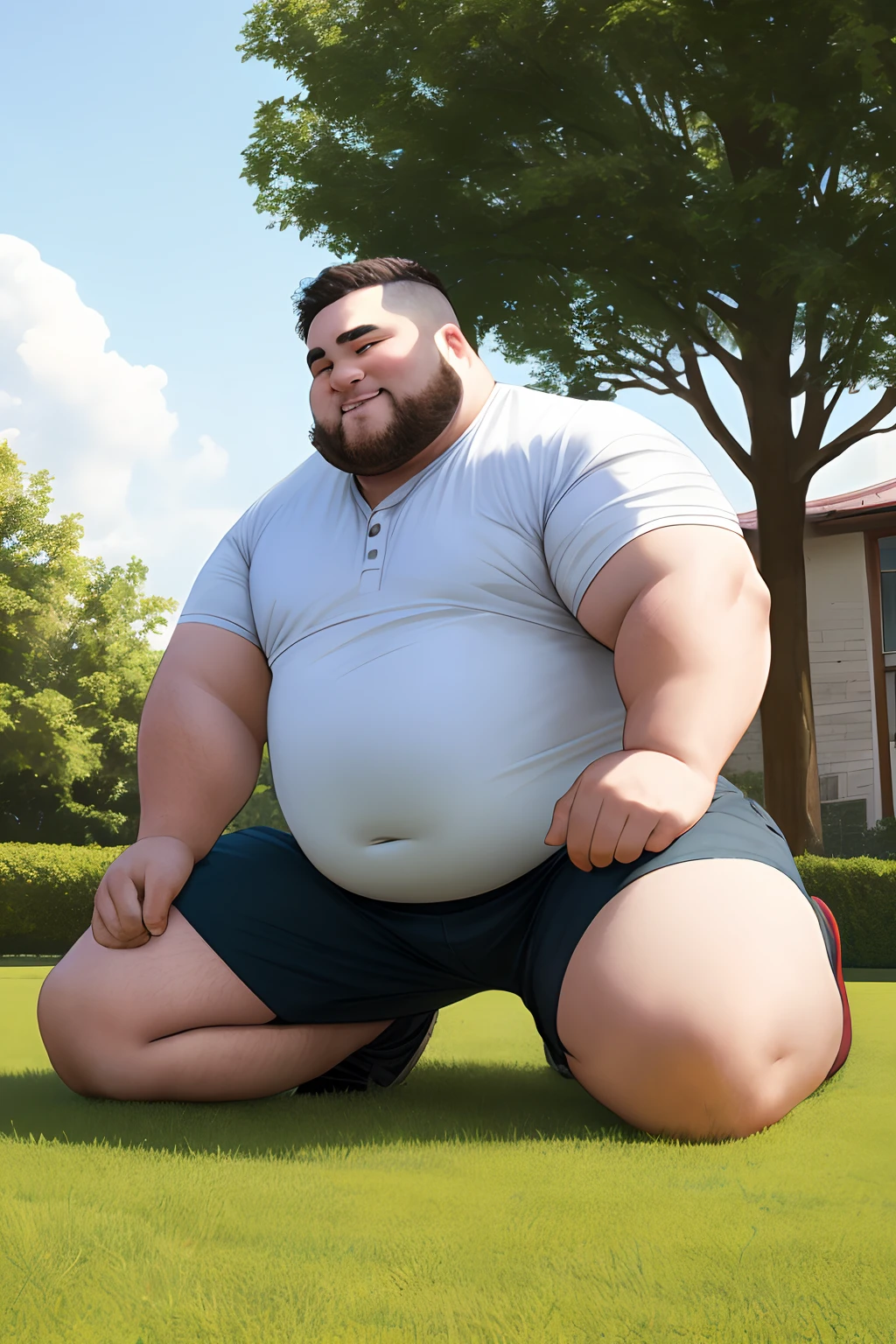 chubby strong man kneeling,