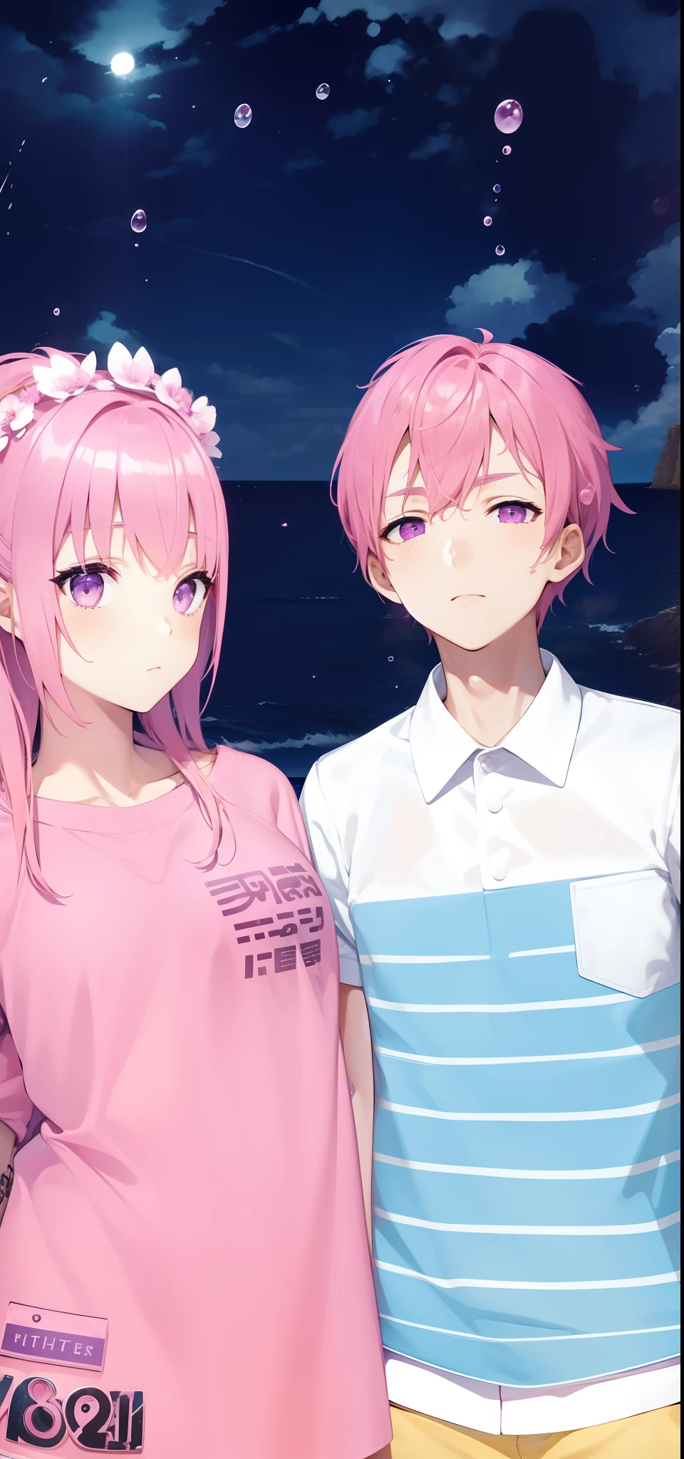 couple, pink hair, light purple eyes, summer clothes, 1man, 1woman, beach, wet, work, masterpiece, 8k, detail, tatto on the guy's body