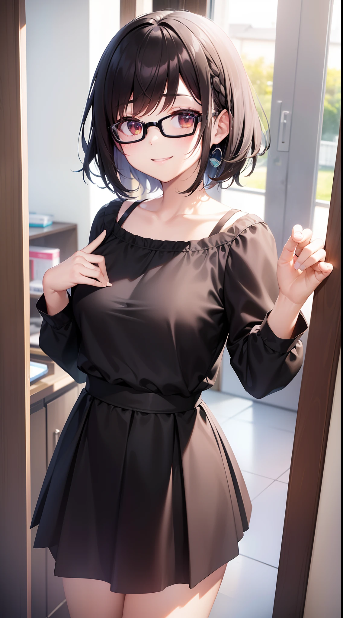 (masutepiece, Best Quality, Capture super cute moments, depth of fields, ultra-detailliert, Ultra High Resolution, C4D, Octadale, 3D Modeling, 8K, 16 K, one girls、a junior high school student、A dark-haired、short-hair、straight haired、Light brown eyes,hair adornments、wearing black glasses、A smile)、student clothes、kawaii pose