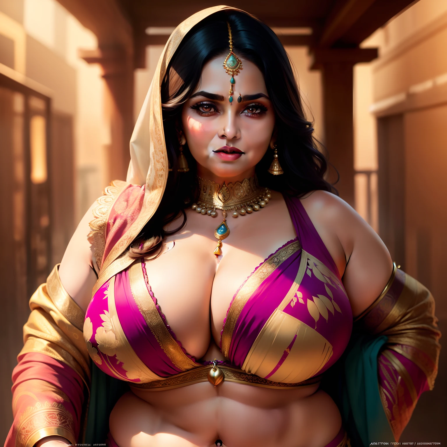 Mature chubby curvy indian mature lady wearing   saree and bra , depth of fields, Background bokeh, photorealistic, UHD, (anatomically correct:1.5), high details, high quality, best quality, highres, 16k, HD.
