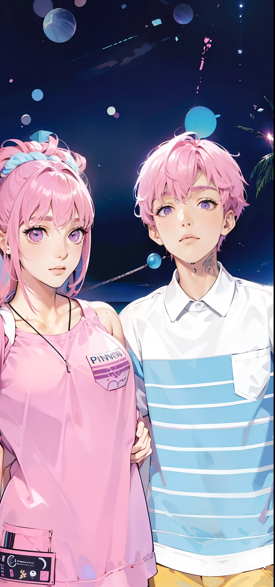 couple, pink hair, light purple eyes, summer clothes, 1man, 1woman, beach, wet, work, masterpiece, 8k, detail, tatto on the guy's body