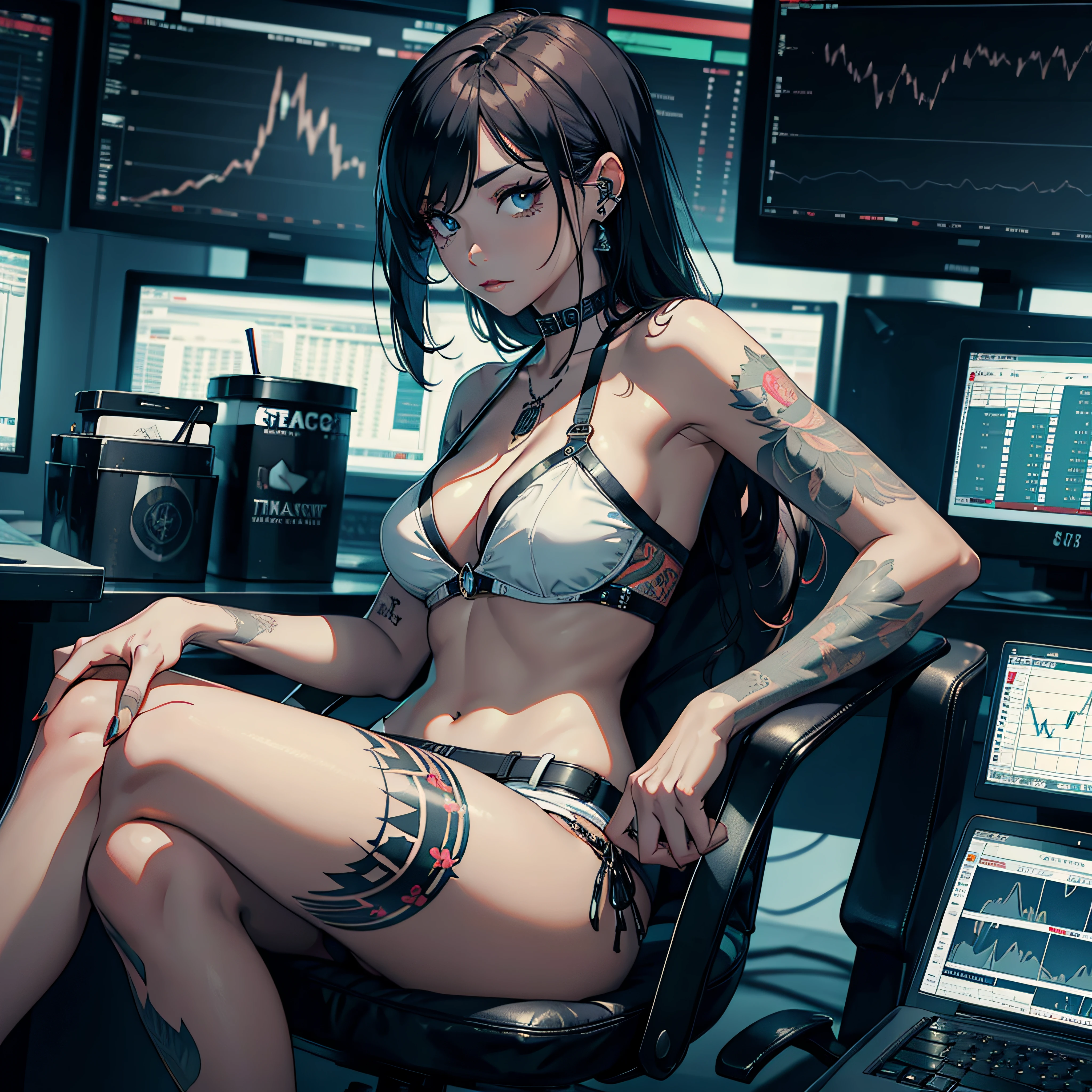 Gorgeous woman with tattoo sitting on her chair in a stock trading office charts