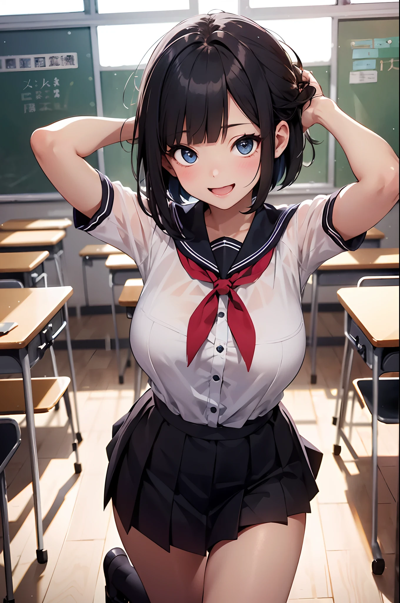 (top-quality、in 8K、32K、masterpiece、nffsw、超A high resolution、Impresionismo、Photorealsitic:1.2)、Angle from above、High angle、Colossal tits、cowboy shot, detailed faces and eyes、 Inside the classroom、Schools、Evening glow、beauitful face、blurry backround、16-year-old beautiful girl、shinny skin、bob cuts、Beautiful black hair、Blunt bangs、Red Eye、(Katyusha:1.2)、a sailor suit、Pleated miniskirt、Curve、Stand on one knee、(I can see panties:1.2)、Smile with open mouth、Opening legs、raise arms、(I closed one eye:1.0)、