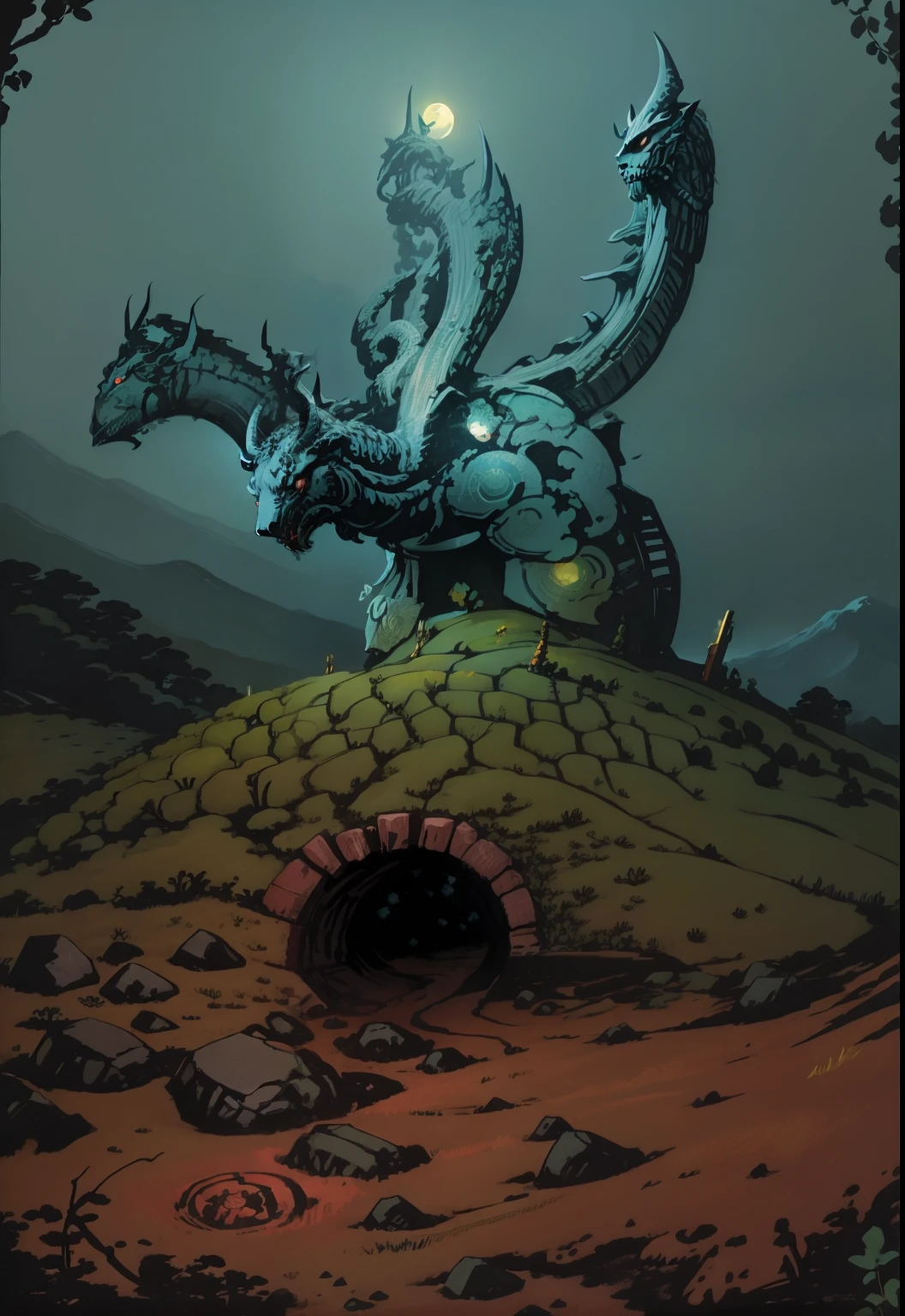 kaleidoscopic painting of a beast hydra over a hill hidra. Blur the whole image, no feature should be highly visible, mask the generation errors the best as you can.