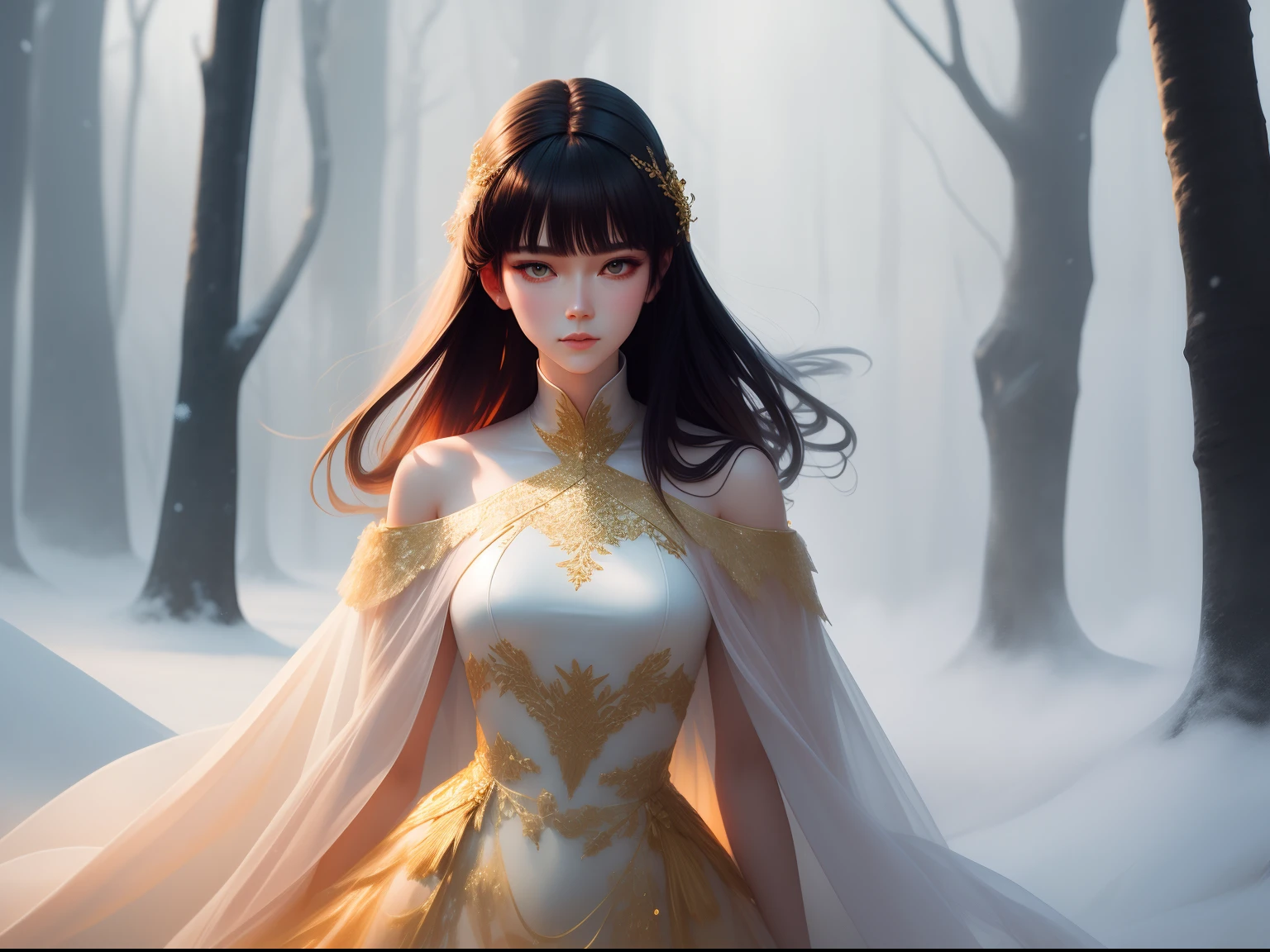 Winter in the misty forest,In the snow stood a lady in a long tulle dress,Brunette lady with glowing flowing tulle dress, turtleneck dress,inspired by Igor Kieryluk, Covered with a long cloak,It is covered with gold and apricot threads, Light fog background,Soft light and shadow,inspired by Wadim Kashin, by Russell Dongjun Lu, inspired by Yanjun Cheng, inspired by Hsiao-Ron Cheng, Beautiful digital artwork,