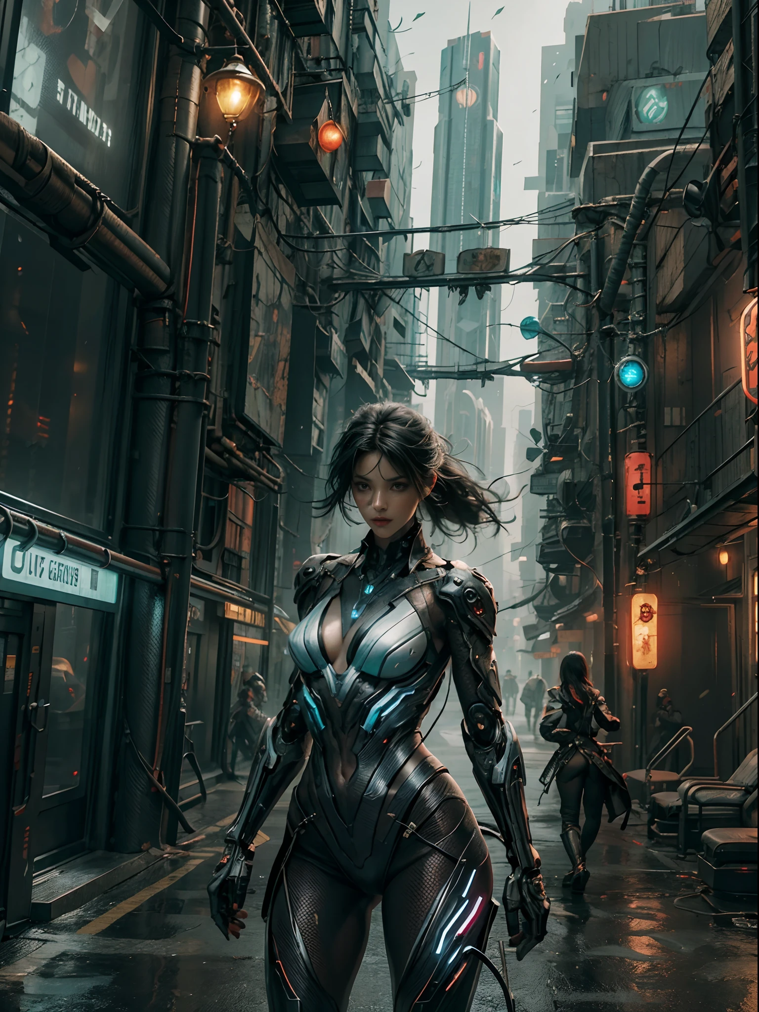 
a futuristic cyberpunk warrior woman while she searches a semi-destroyed alien city, within the city walls some mysterious alien symbols can be glimpsed, hyper-realistic, cinematic, 4k, ultra-detailed, masterpiece, intricate-details, photo-realistic 