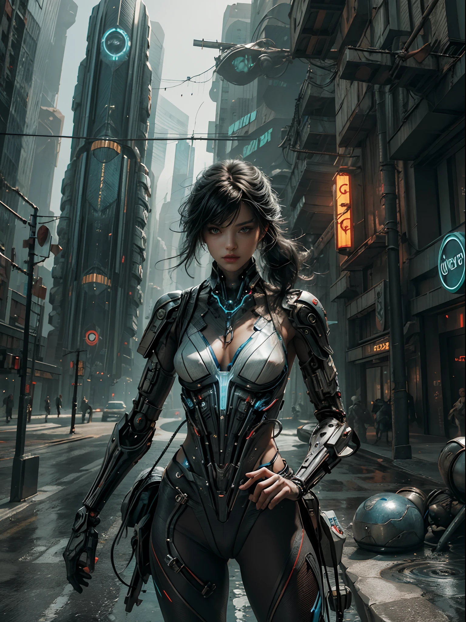 1 sexy Cyberpunk girl, cowboy shot, futuristic, mechanical aesthetics, complex machinery, high-tech lighting scene of futuristic city in the background, virtual engine 5, cinematic lighting.