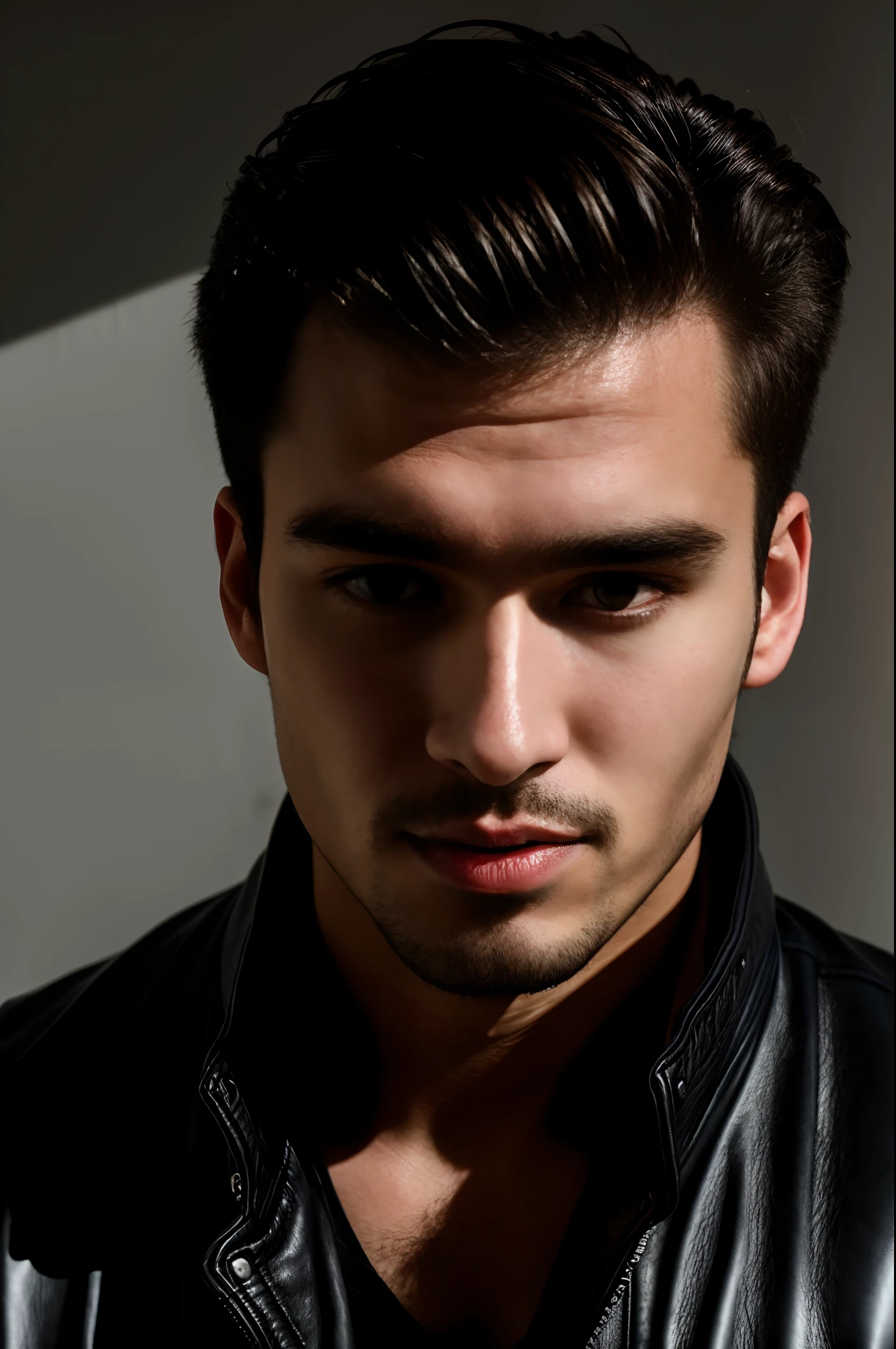 RAW photo, face portrait photo of handsome 26 y.o man, face, wearing black leather jacket, good looking face, hard shadows, cinematic shot, dramatic lighting