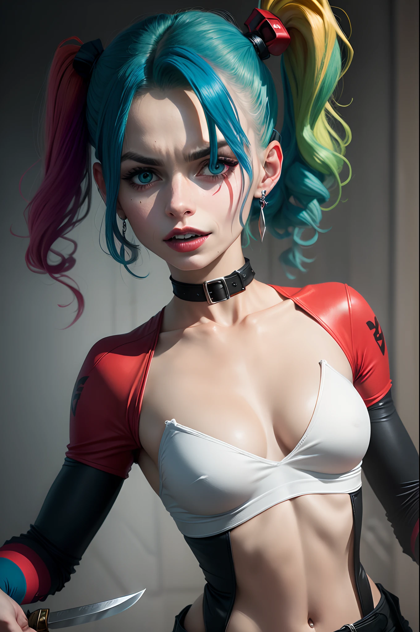 Harley quin with knife in a woman's neck