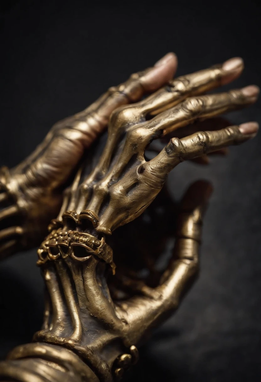 Black background with a large and antique golden storybook with skeletal hands holding