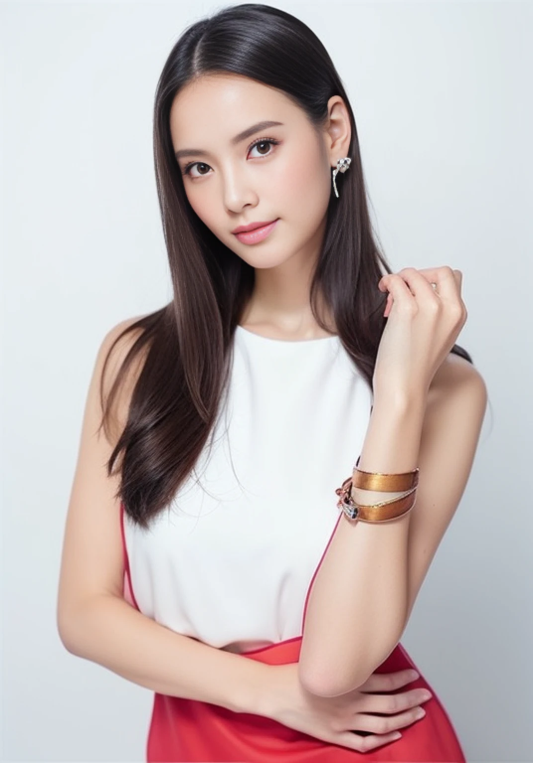 (top-quality、hight resolution、1girl in、Hairstyles Long、Entire upper body、Body front、whole head、closes mouth、Face lighting、Face front、)Raw photo、Glossy hair、shinny skin、Transparent skin、Brown hair、black eyes、Sharp eyes、lofty nose、Natural makeup、japanes、Feminine face、Gentle face、A detailed eye、Thick lip、japanes、Bright photo、Studio Lighting、portlate、simple background、Background bokeh