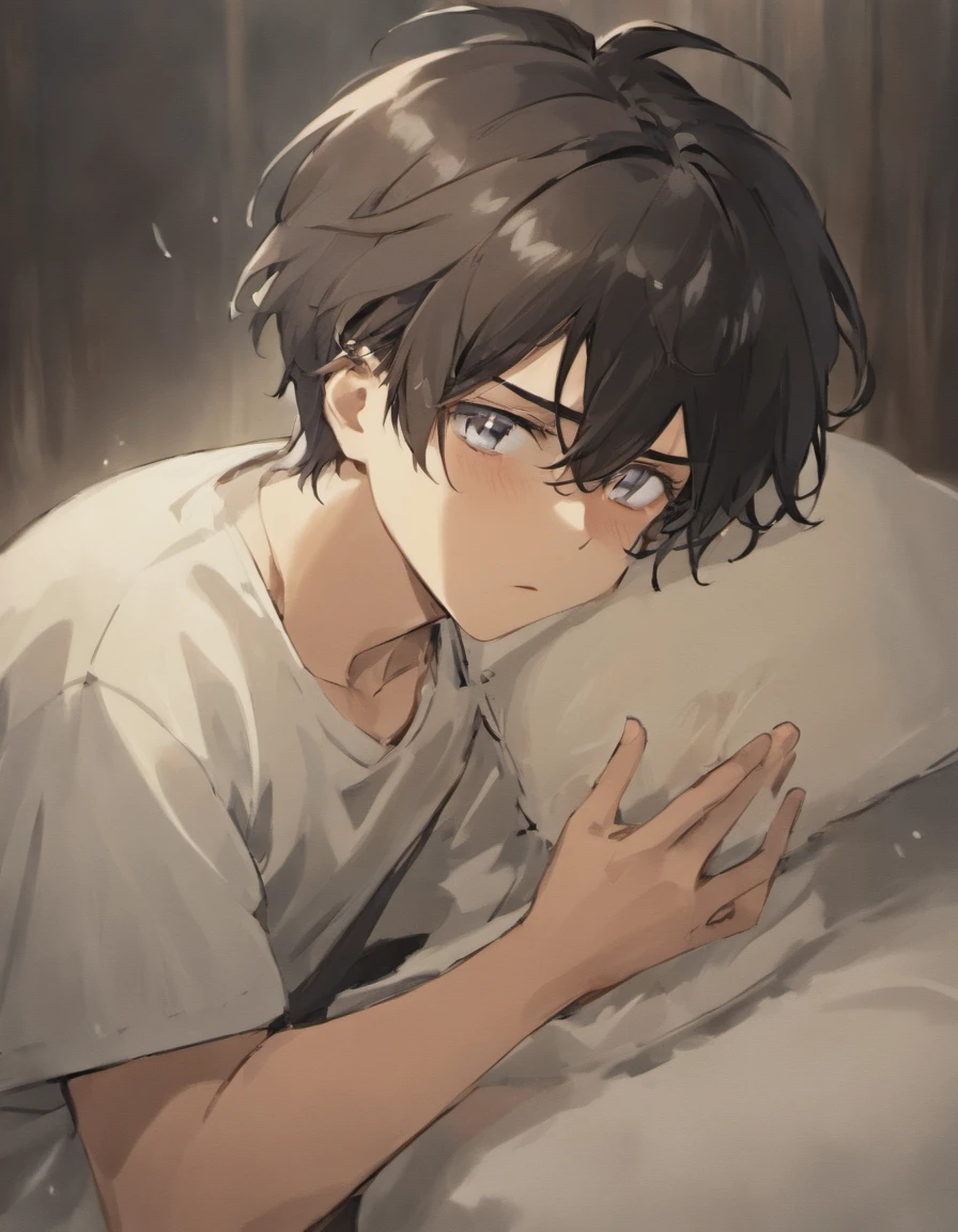 Sad man with pale skin crying. Hes sitting on a bed wearing a white shirt. He has long black hair and black eyes. He also has a slight beard. Hes middle aged and innocent looking. Hes crying and has eyes bags
