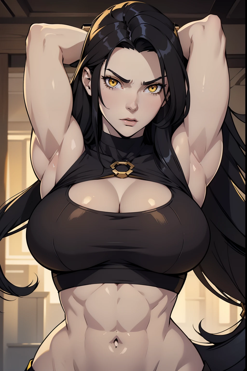 pale skin, 1 girl, solo, large breasts, navel, crop top, black hair, yellow eyes, very long hair, ((muscular)), close up, abs, armpits, curvy, seductive expression, cleavage, toned body