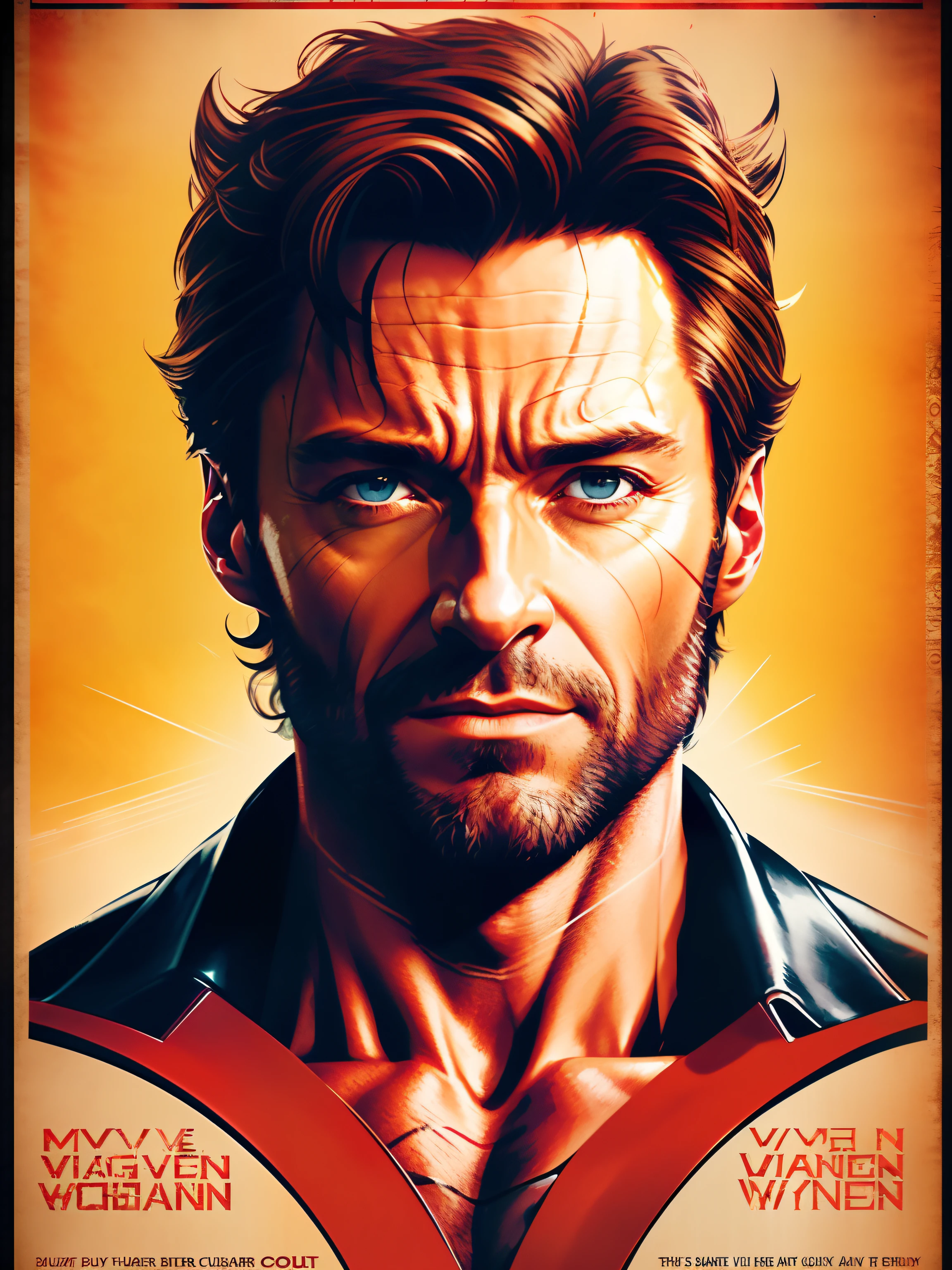 Hugh Jackman as wolverine, vhs effect, (poster:1.6), wall poster, nostalgia, movie poster, portrait, close-up (skin texture), intricate details, fine details, hyperdetailed, ray tracing, underground scattering, diffuse soft lighting, shallow depth of field, by (Oliver Wetter)