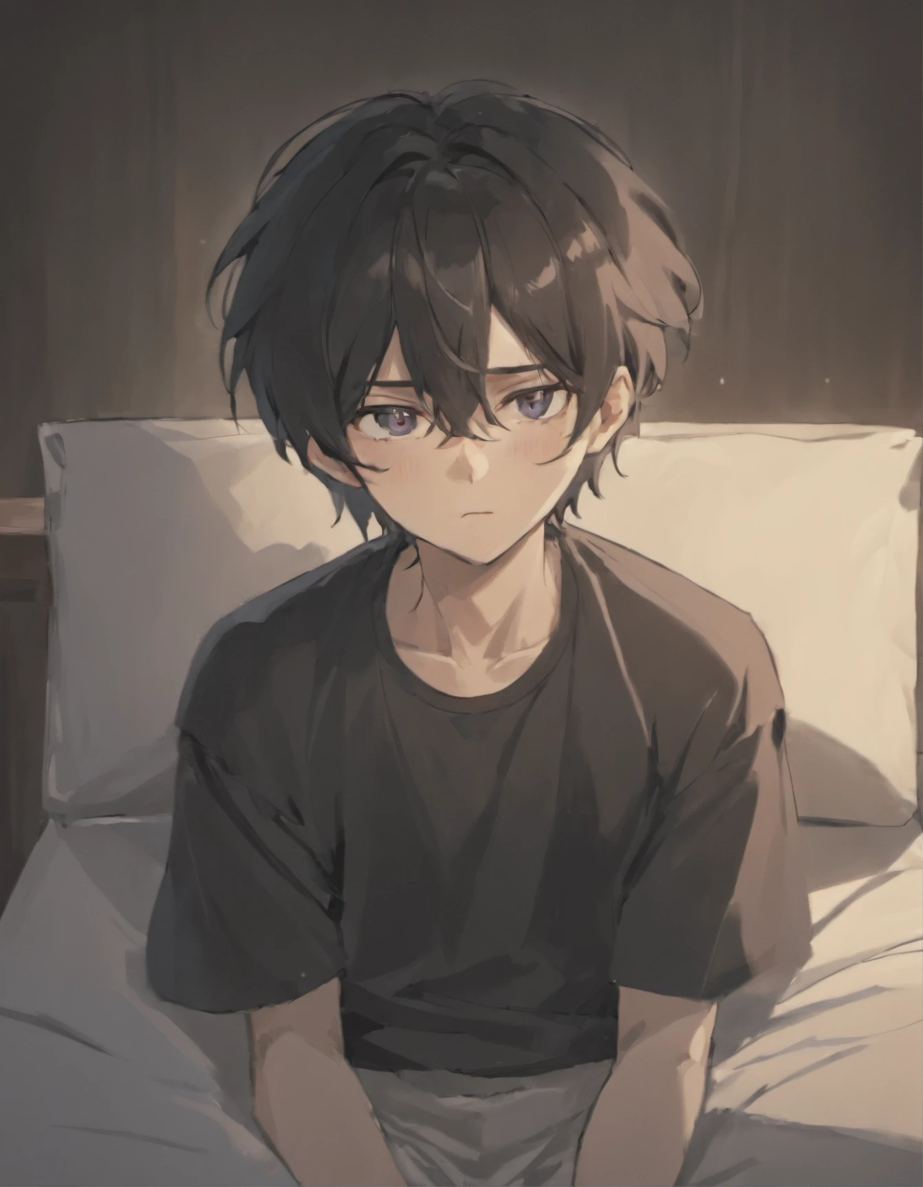 Sad man with pale skin crying. Hes sitting on a bed wearing a white shirt. He has long black hair and black eyes. He also has a slight beard. Hes middle aged and innocent looking. Hes crying and has eyes bags