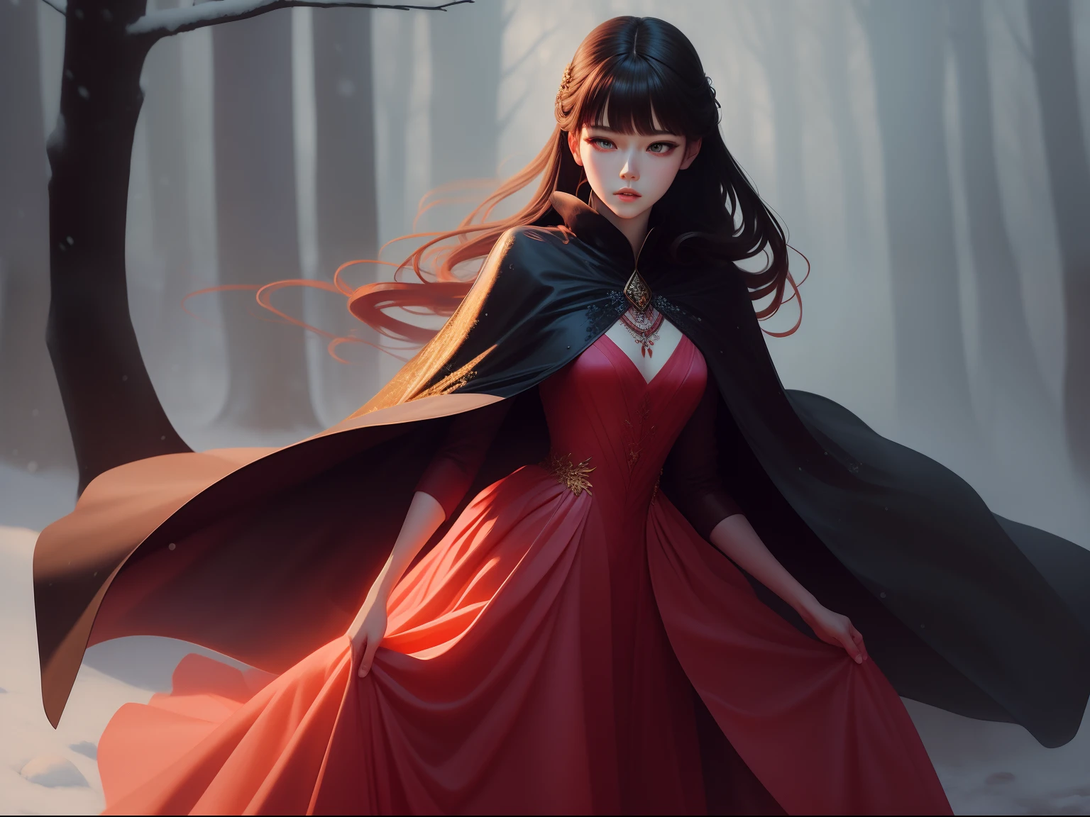 Winter in the misty forest,In the snow stood a lady in a long light red tulle dress。。,Brunette lady,A sparkling flowing tulle dress, High neck flowing dress,inspired by Igor Kieryluk, It is covered by a long cloak,It is covered with gold, Light fog background,Soft light and shadow,inspired by Wadim Kashin, by Russell Dongjun Lu, inspired by Yanjun Cheng, inspired by Hsiao-Ron Cheng, Beautiful digital artwork,